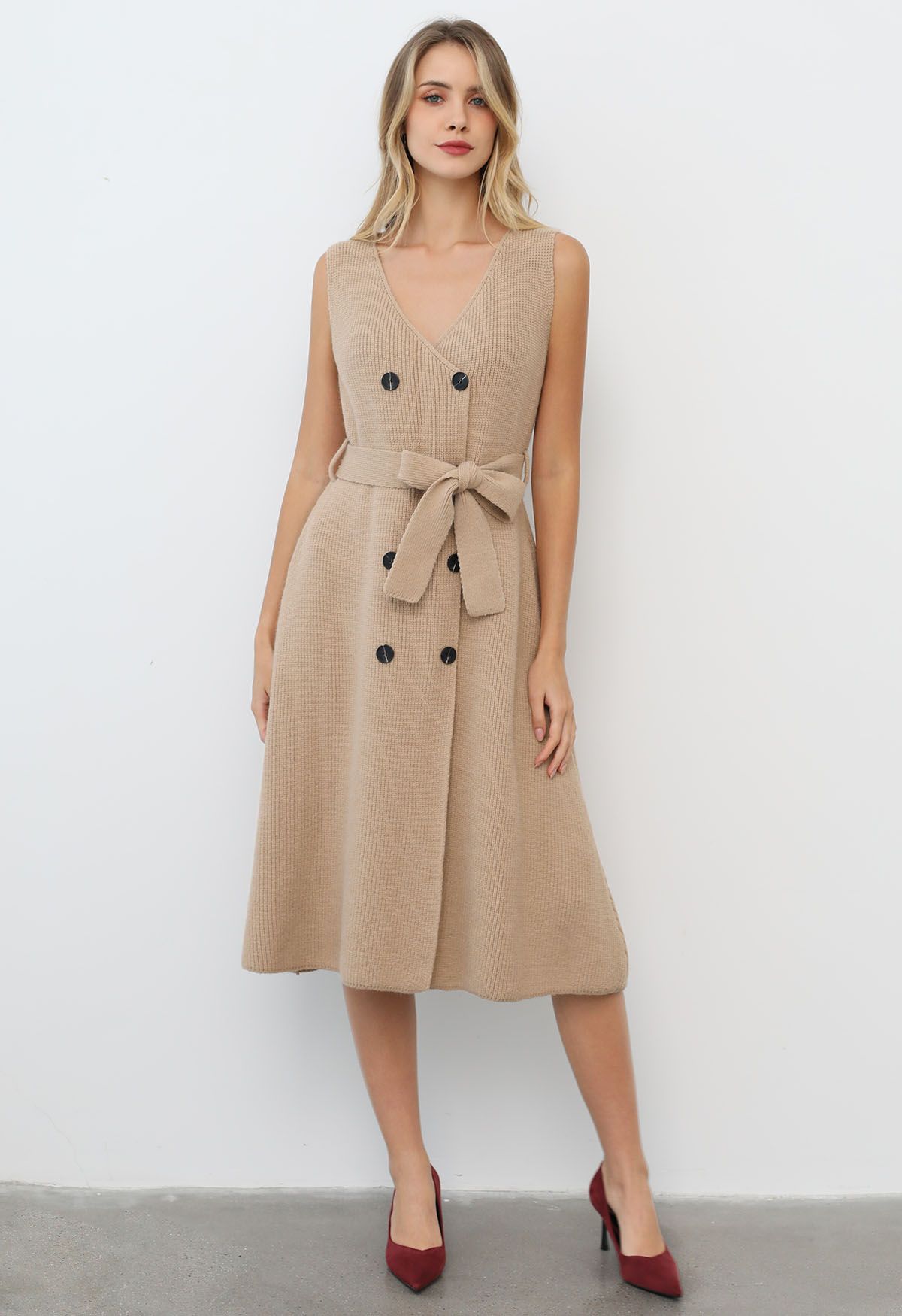 Double-Breasted Sleeveless Knit Dress and Cardigan Set in Tan