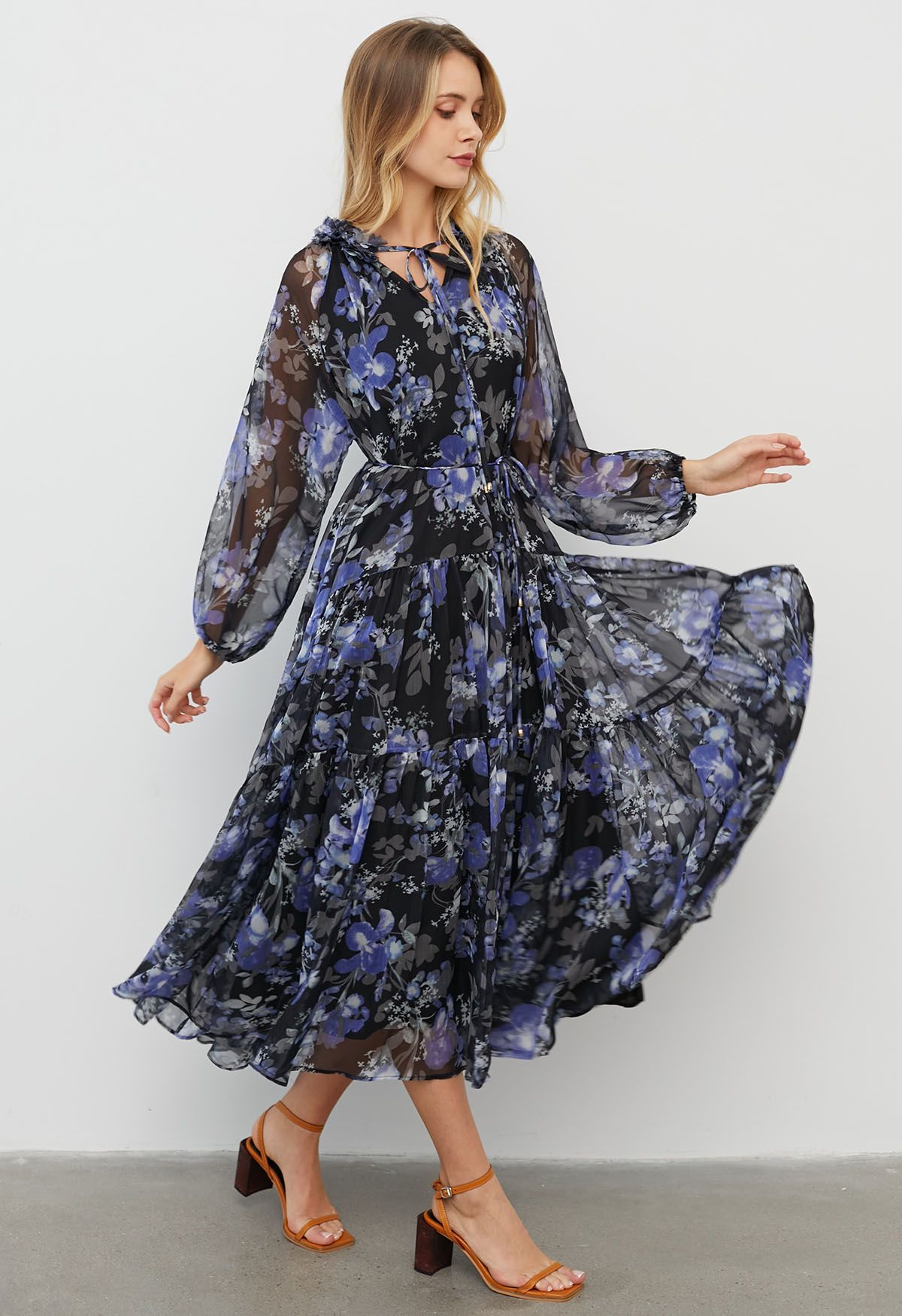 Floral Ballet Tie String Chiffon Midi Dress in Black