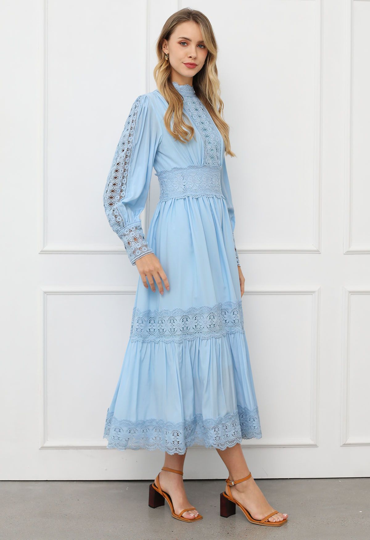 Victorian Elegance Cutwork Lace Maxi Dress in Baby Blue