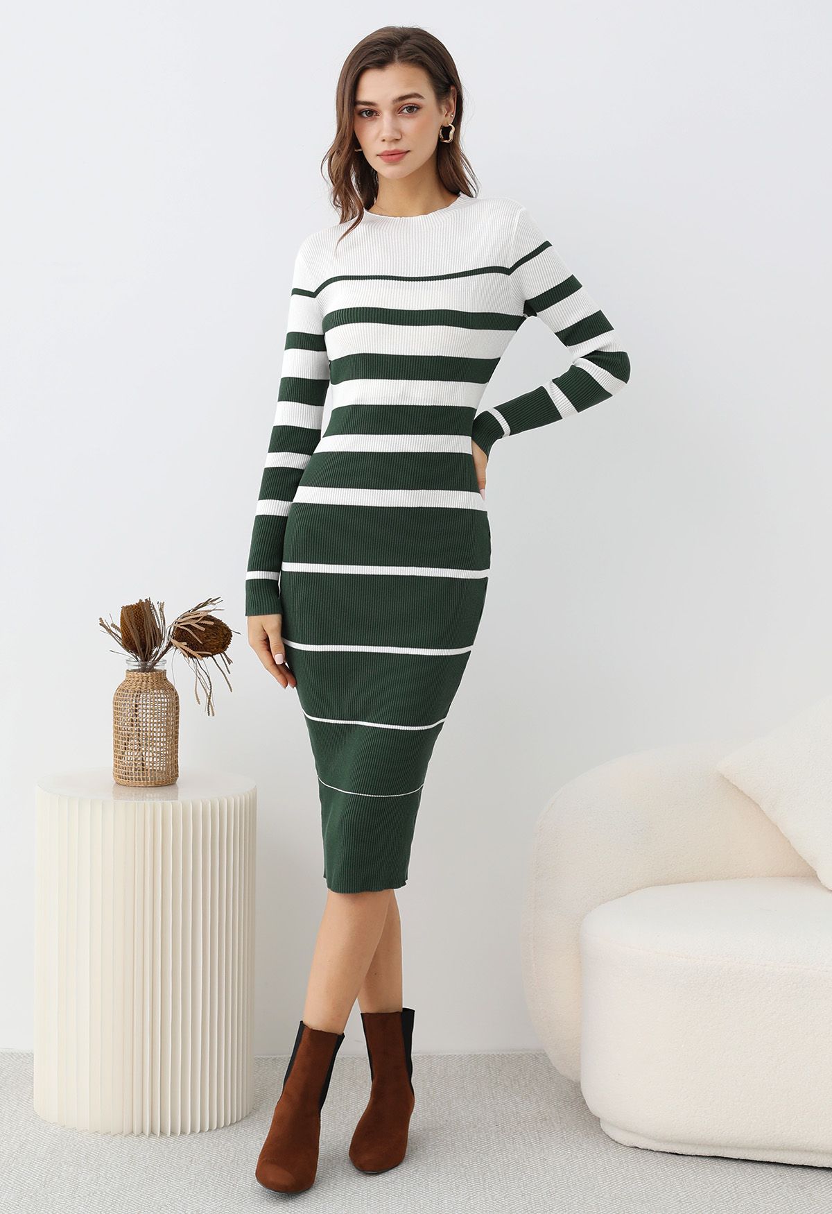 Color Block Stripe Bodycon Knit Midi Dress in Dark Green