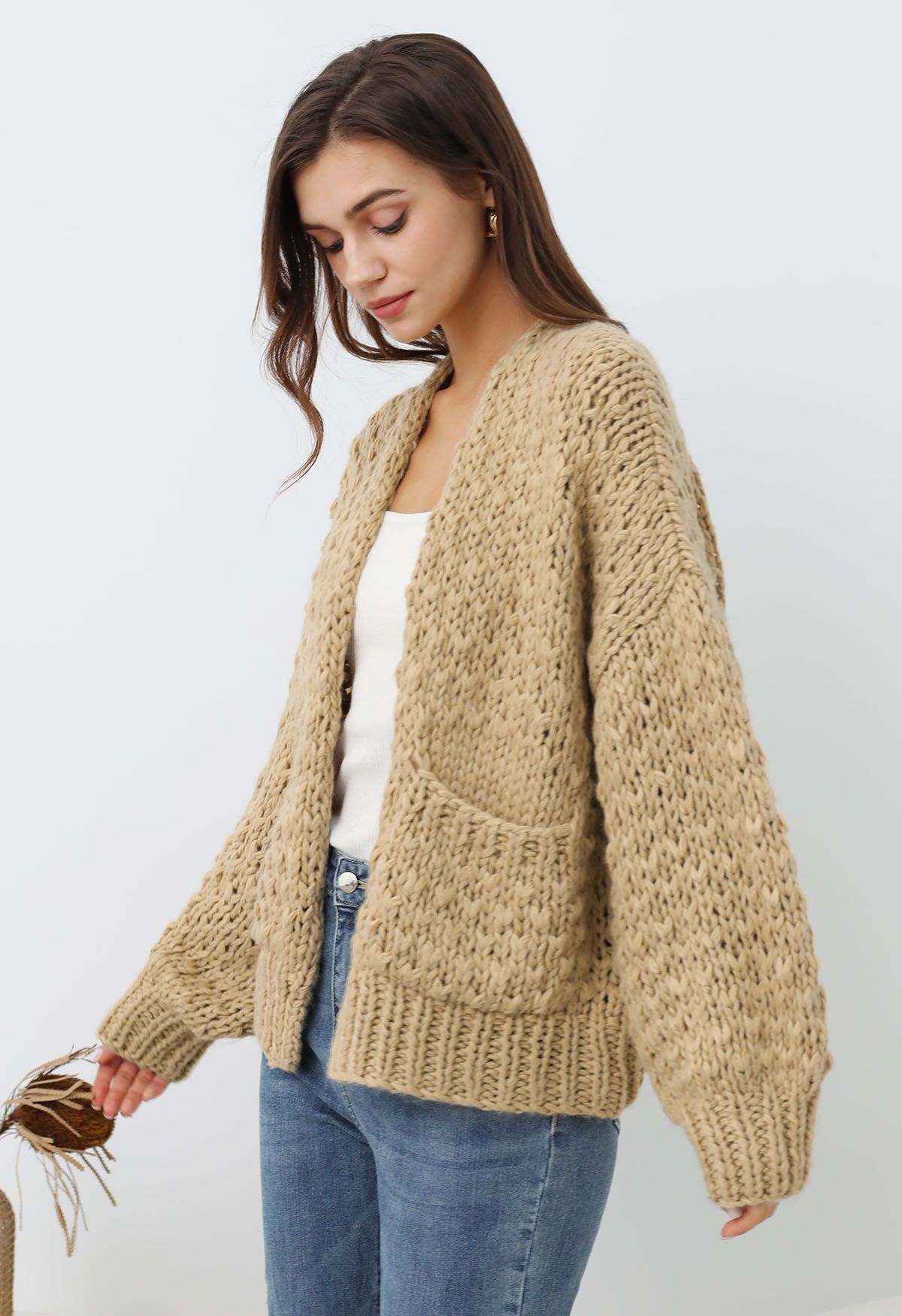 Chunky Hand Knit Patch Pocket Open Front Cardigan in Light Tan