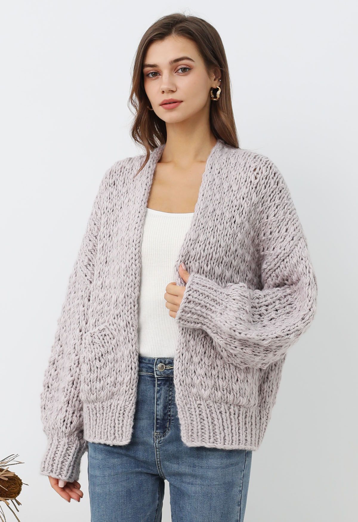 Chunky Hand Knit Patch Pocket Open Front Cardigan in Lilac