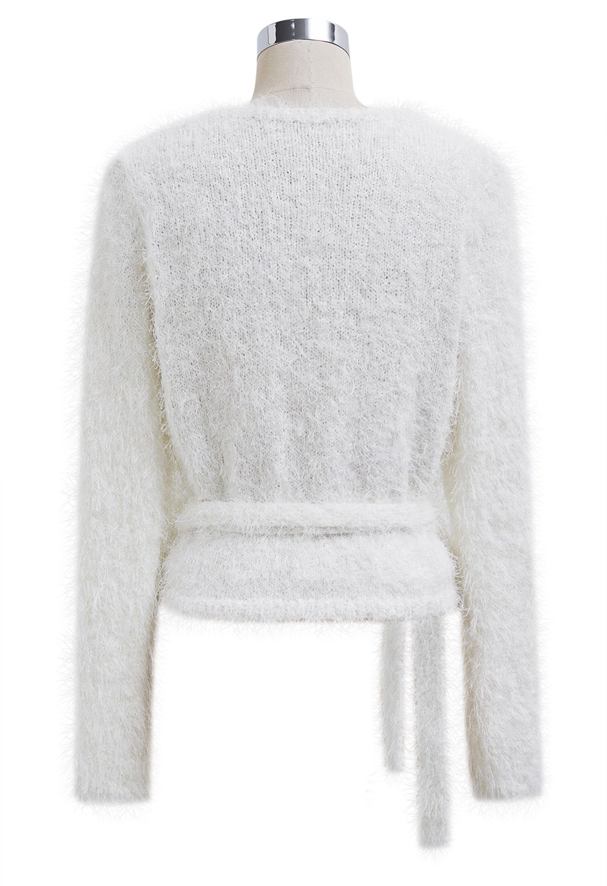 Wrap V-Neck Tie-Waist Fuzzy Knit Top in White