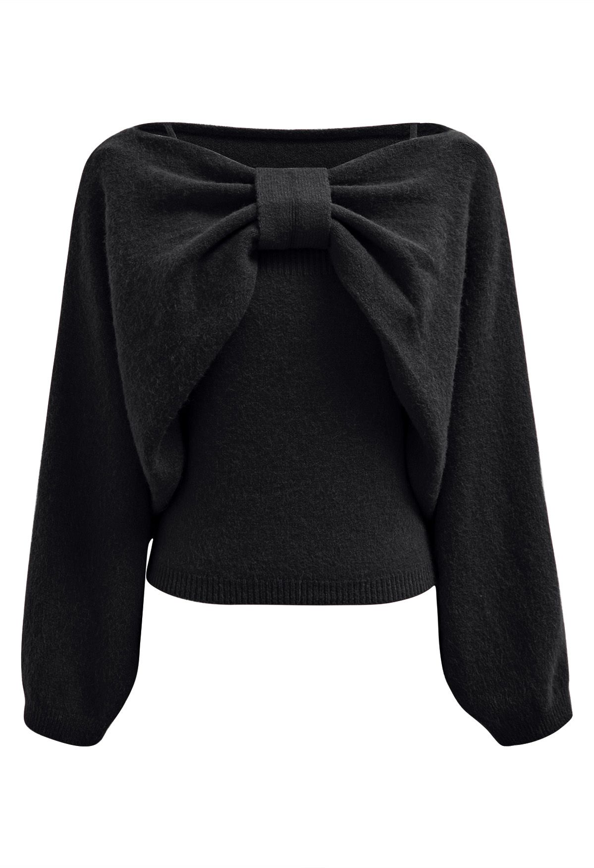 Mesmerizing Bowknot Cami Top and Sweater Set in Black