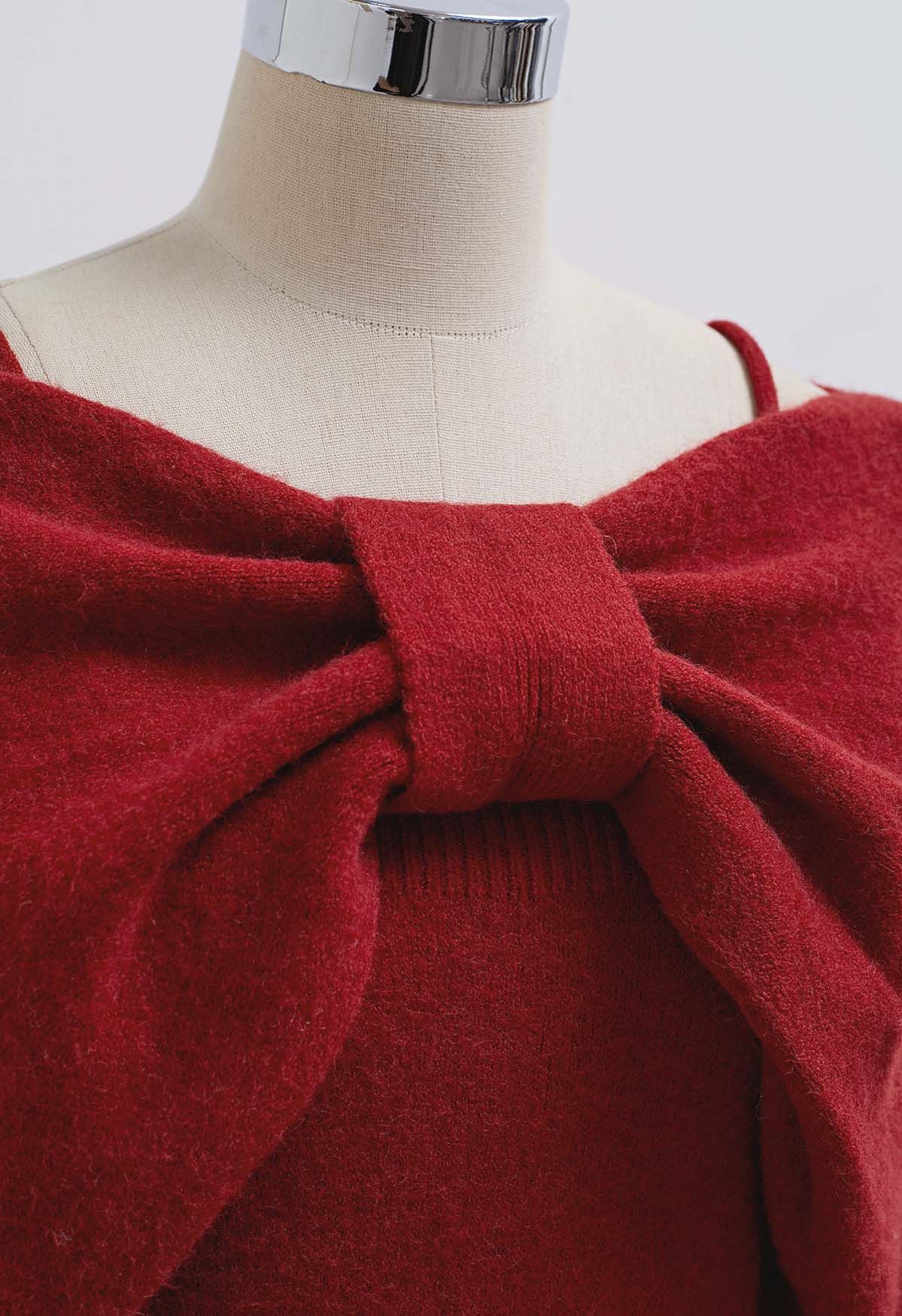 Mesmerizing Bowknot Cami Top and Sweater Set in Red