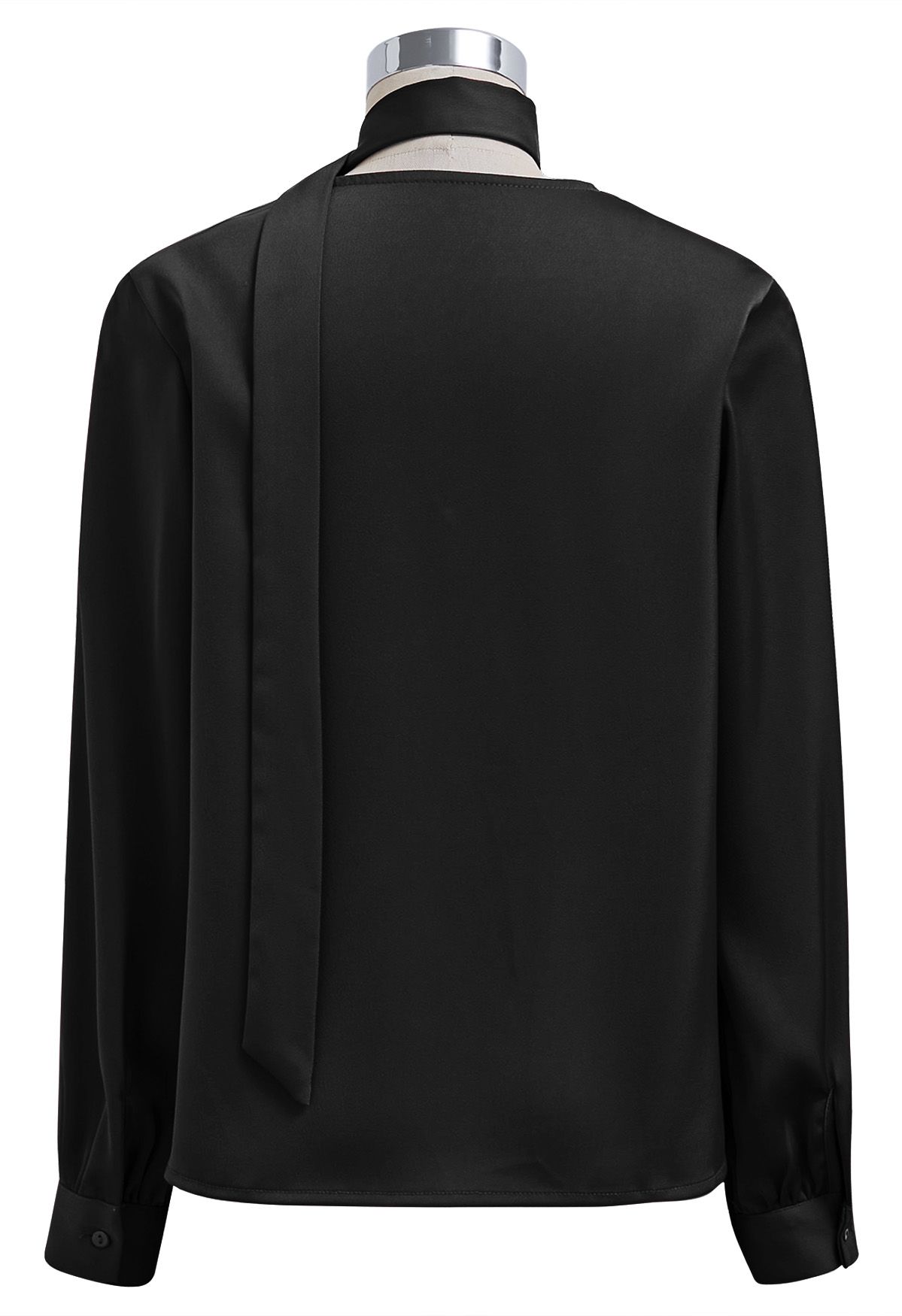 Ribbon V-Neckline Twist Detail Satin Top in Black