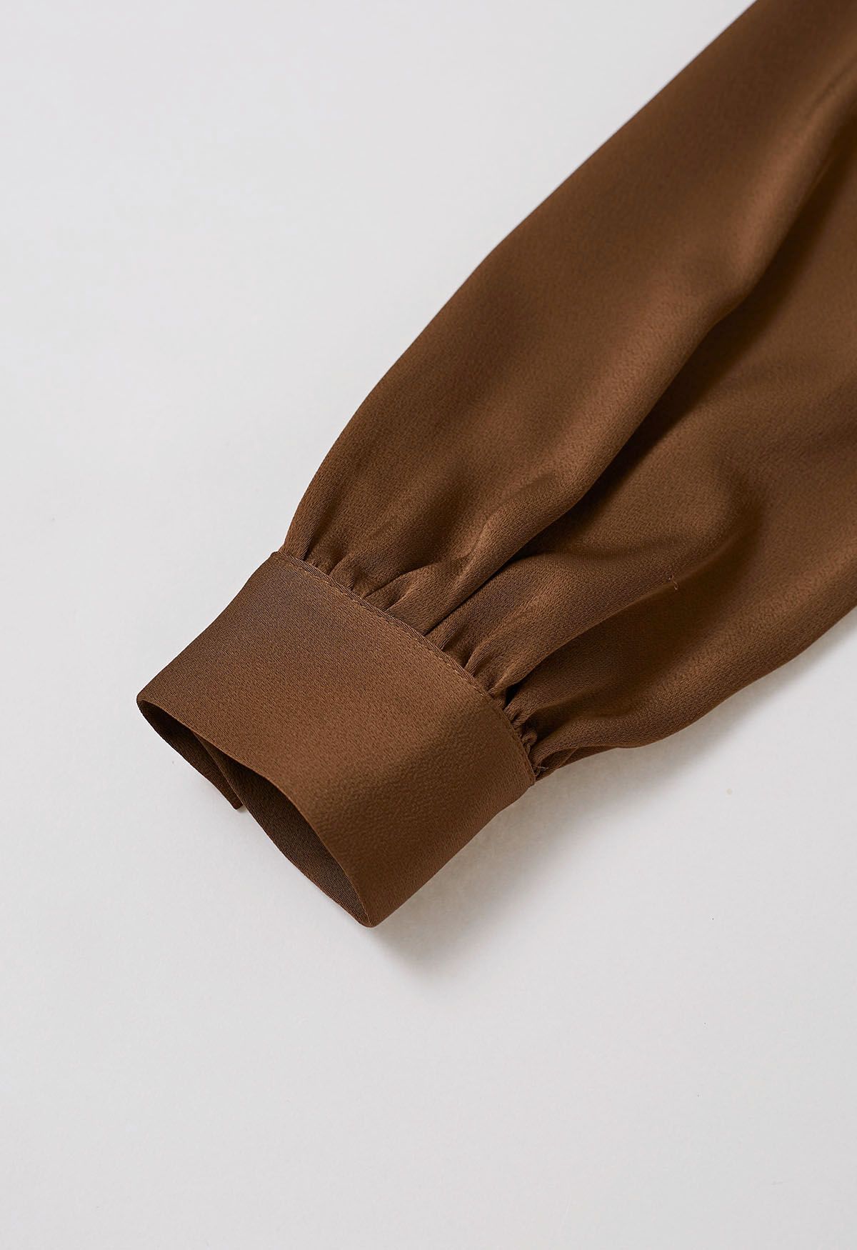 Ribbon V-Neckline Twist Detail Satin Top in Brown