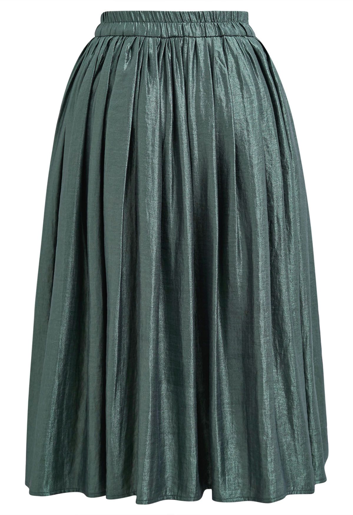 Glossy Emerald Pleated Midi Skirt