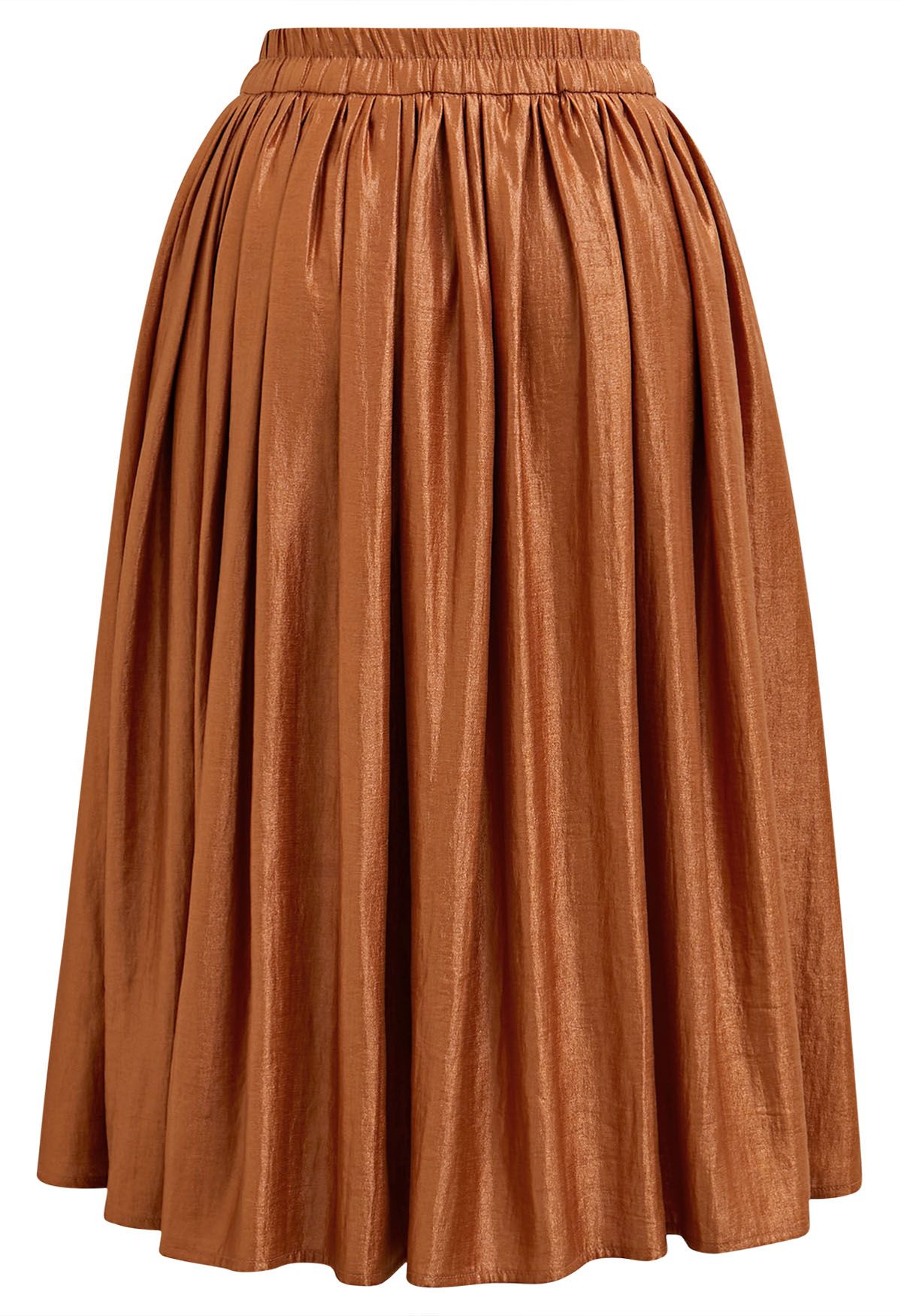 Glossy Orange Pleated Midi Skirt