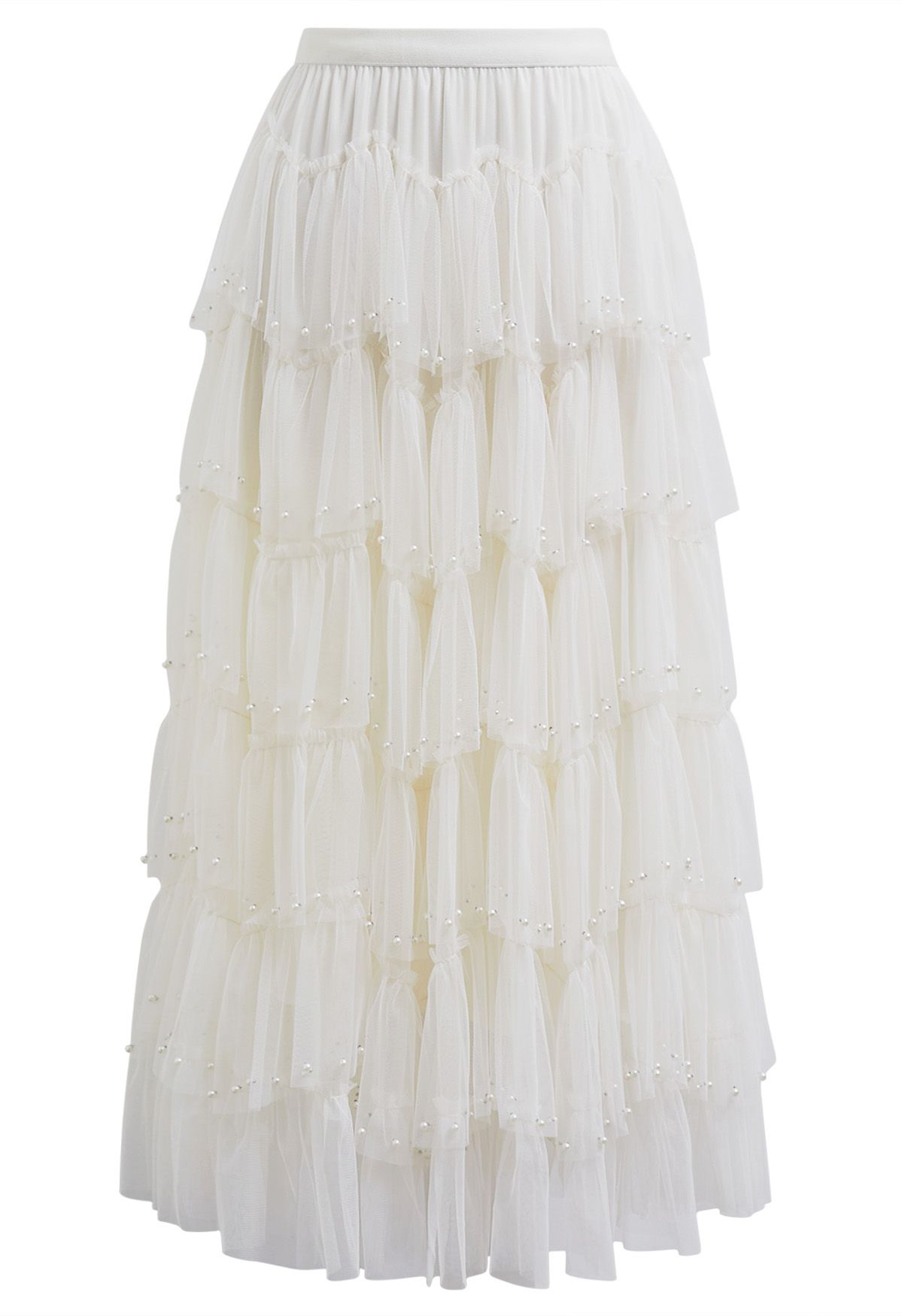 Ethereal Tiered Pearl Tulle Maxi Skirt in White