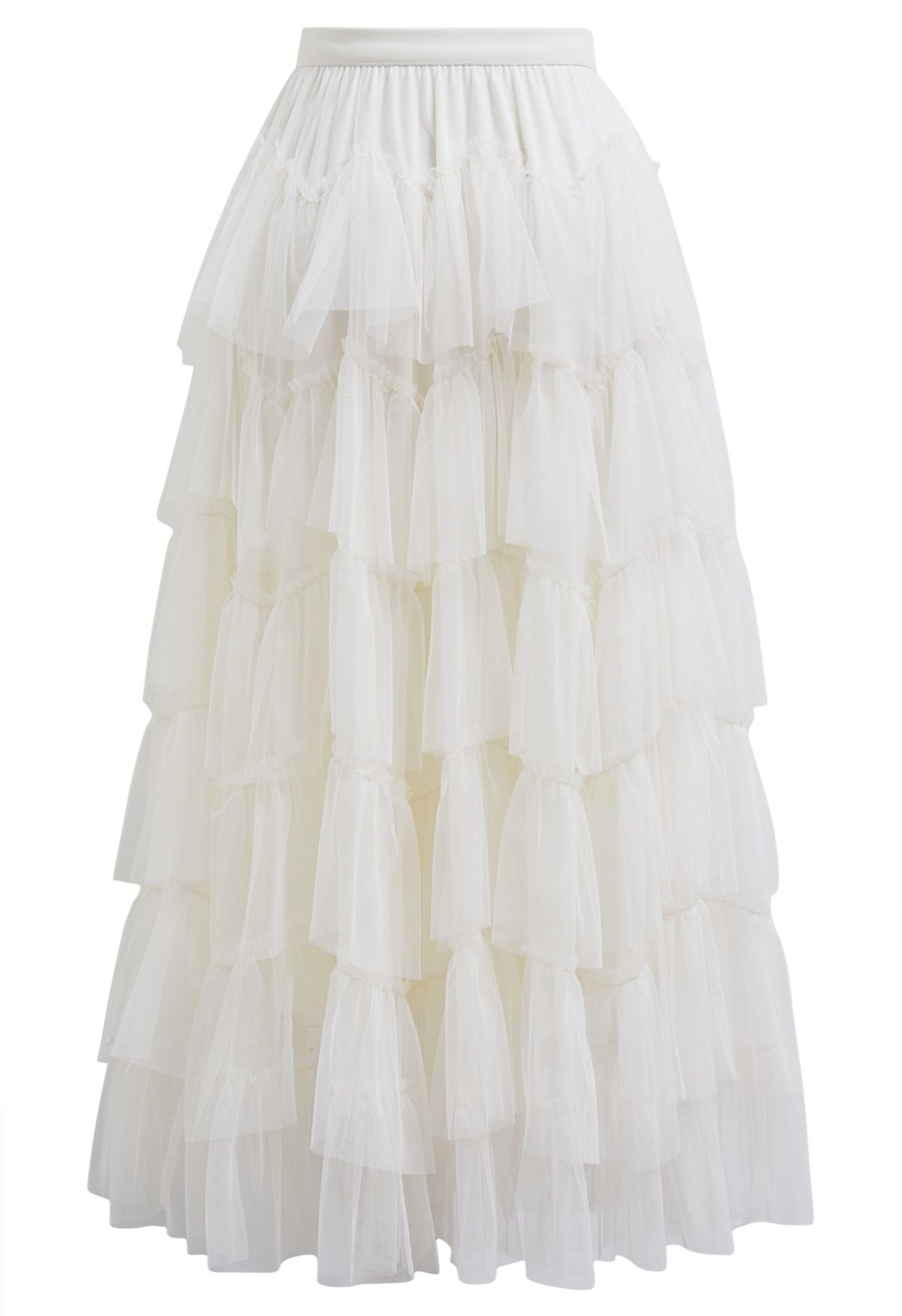 Ethereal Tiered Pearl Tulle Maxi Skirt in White