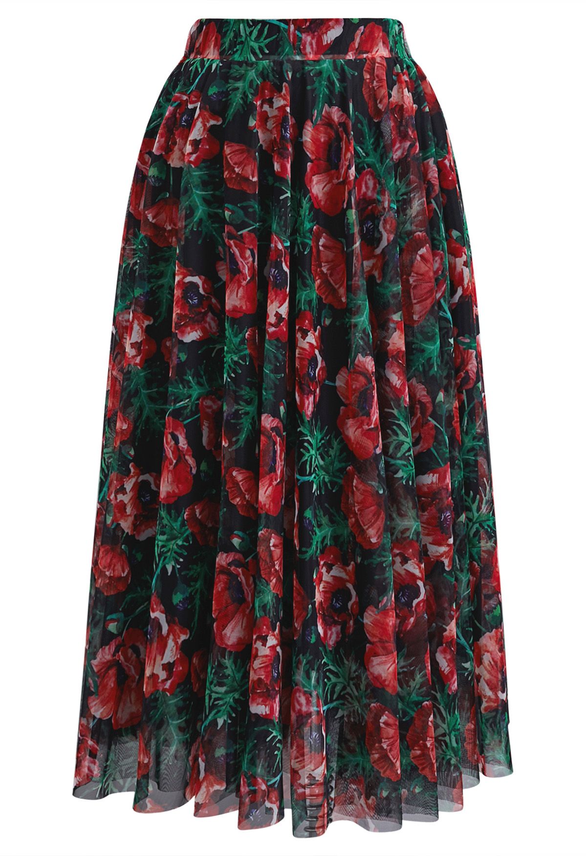 Scarlet Floral Printed Mesh Tulle Midi Skirt