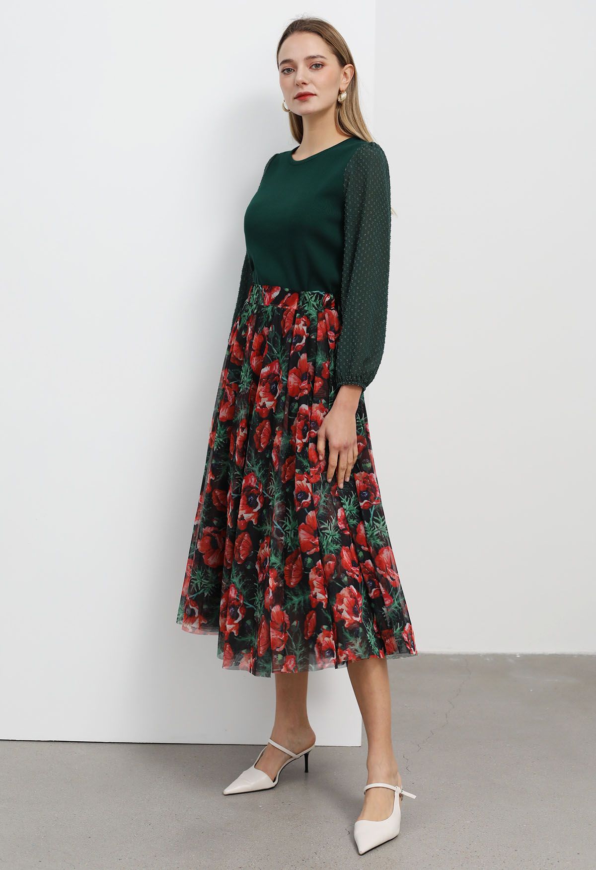 Scarlet Floral Printed Mesh Tulle Midi Skirt