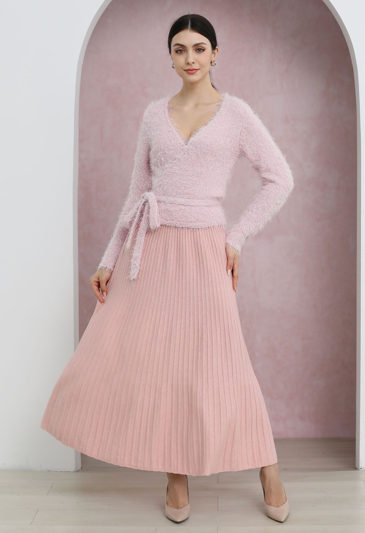 Wrap V-Neck Tie-Waist Fuzzy Knit Top in Light Pink