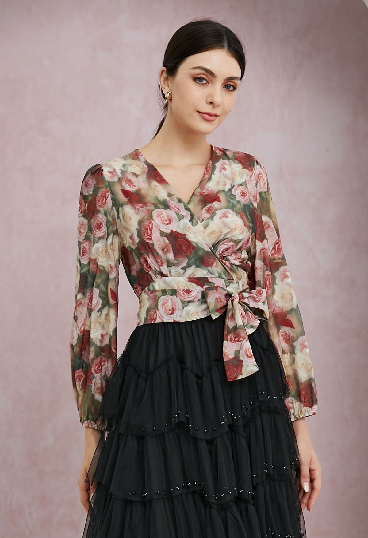 Romantic Rose Print Tie-Waist Wrap Top