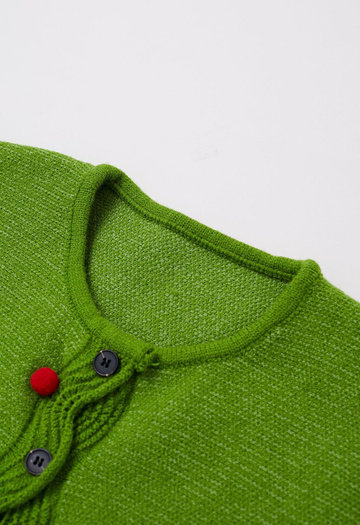 Colorful Pom-Pom Wavy Buttoned Patch Pocket Knit Cardigan in Green