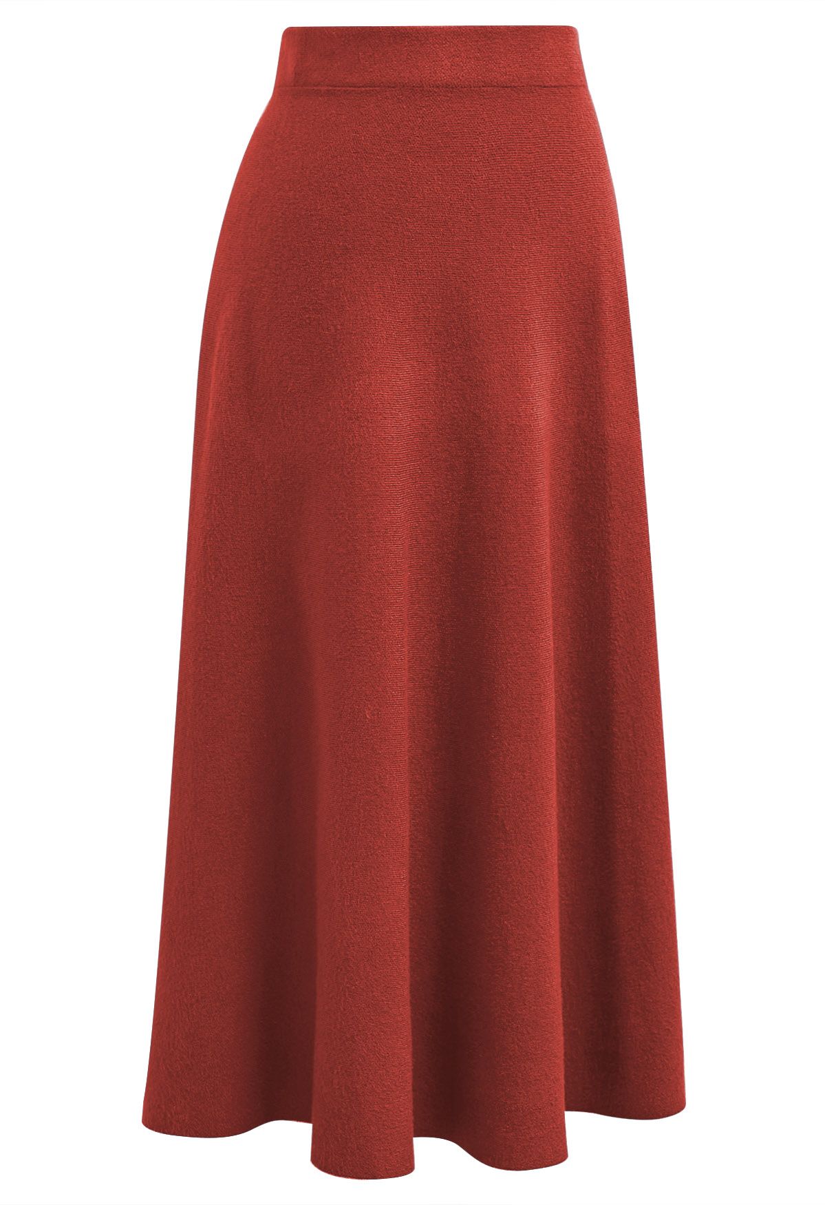 Solid Color A-Line Knit Midi Skirt in Red