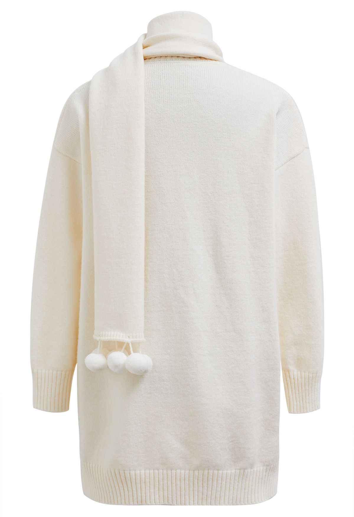 Cozy White Dropped Shoulder Knit Sweater Dress with Pom-Pom Scarf