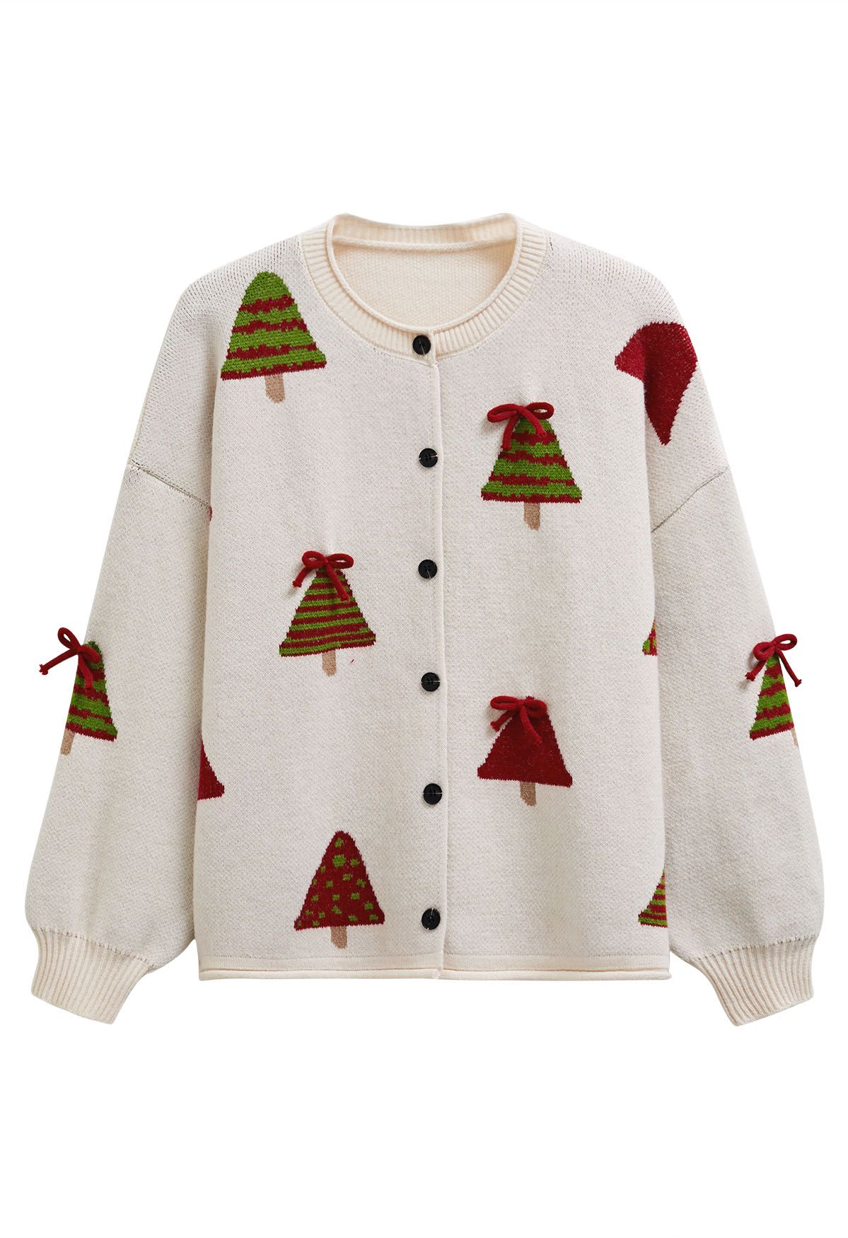 Cutie 3D Bowknot Christmas Tree Buttoned Knit Cardigan in Oatmeal