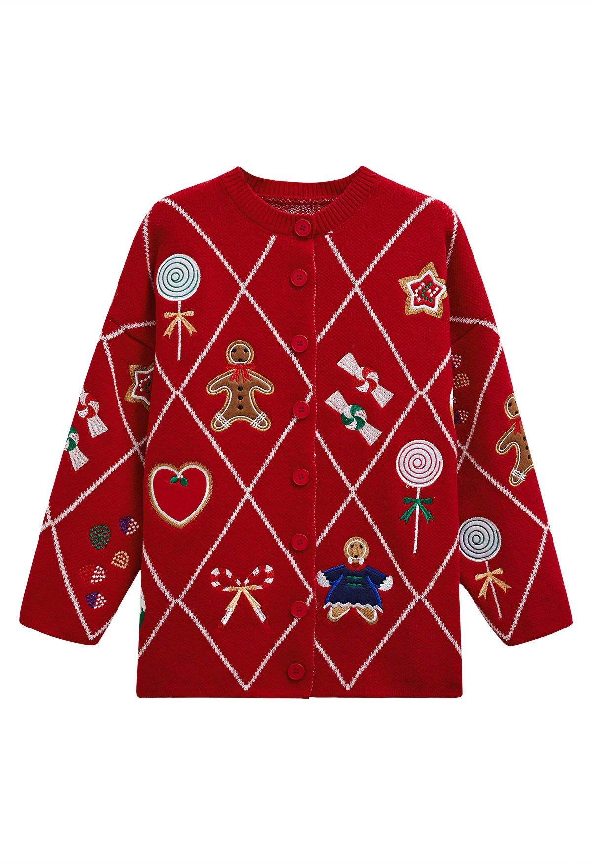 Cheer Christmas Gingerbread Buttoned Knit Cardigan in Red