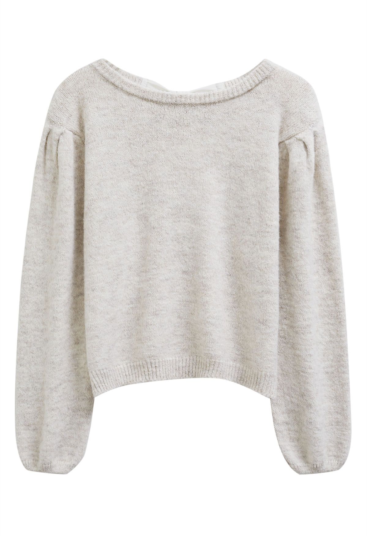 Bowknot Back Puff Sleeve Knit Sweater in Oatmeal