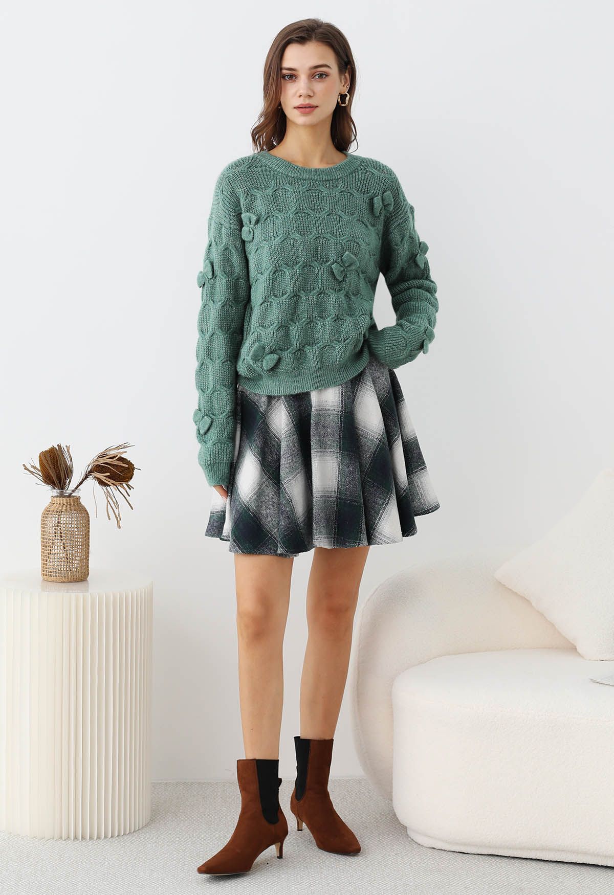 Playful Bow Geometric Textured Knit Sweater in Green