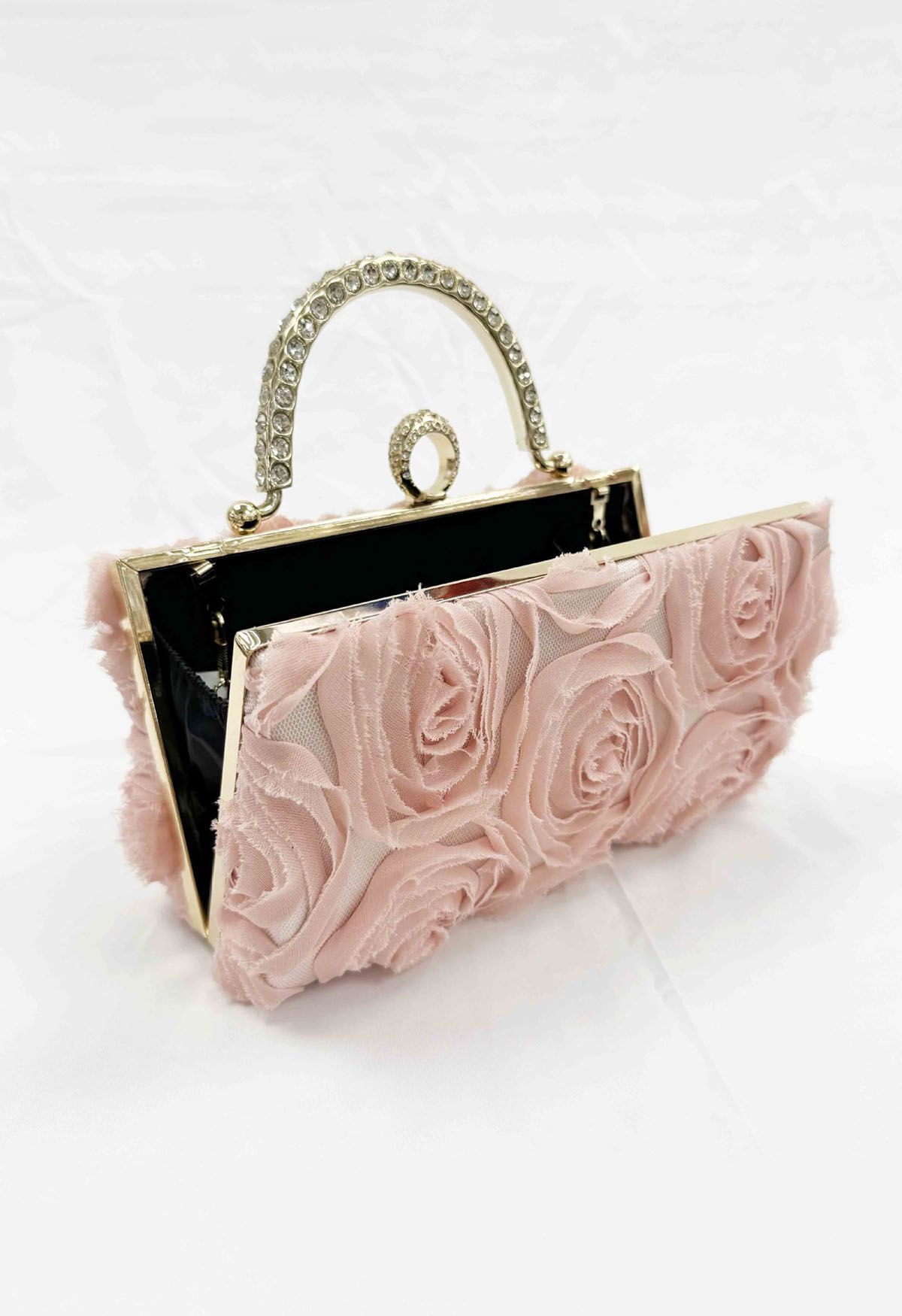 Opulent Rose Rhinestone Handle Clutch in Pink