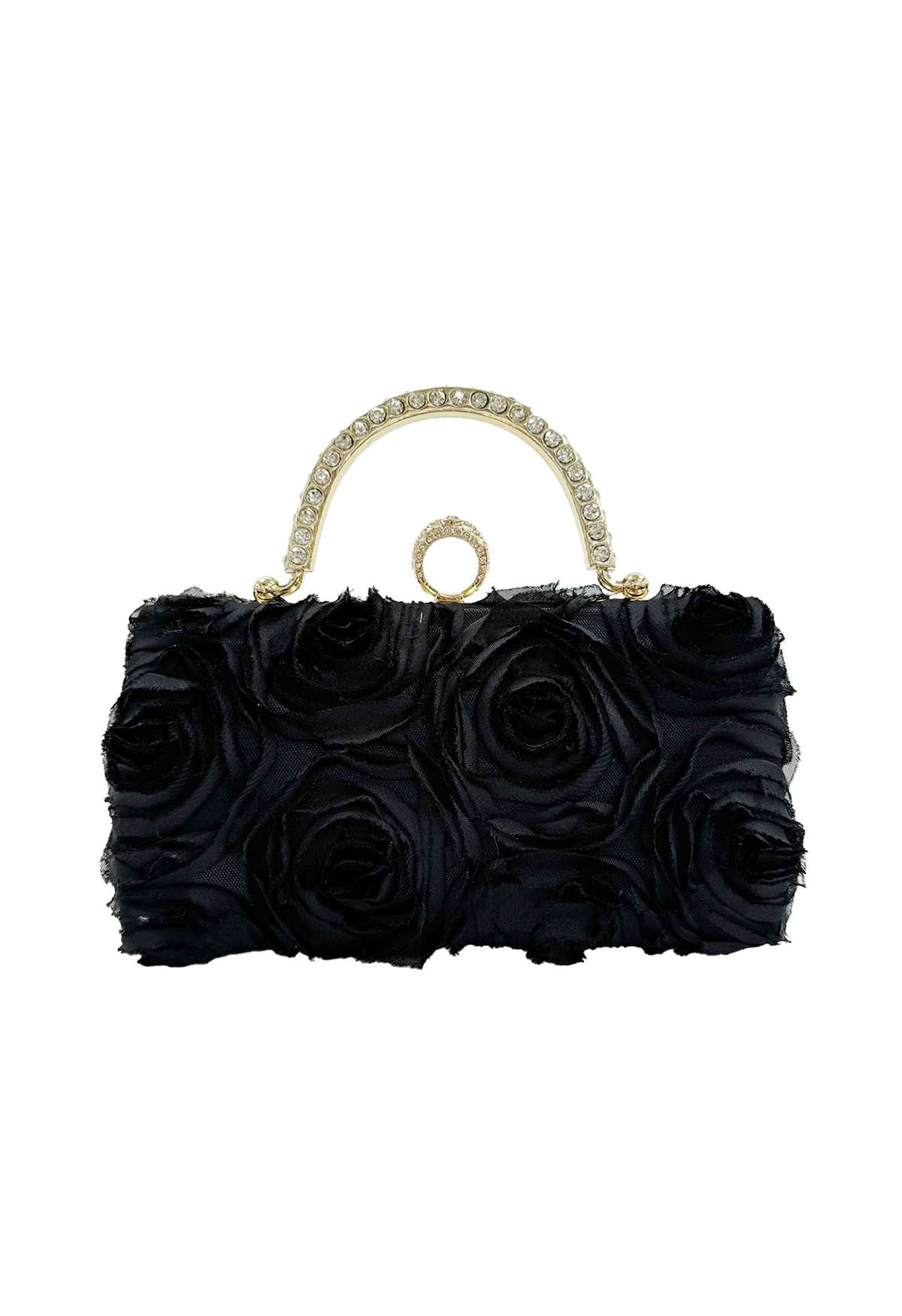 Opulent Rose Rhinestone Handle Clutch in Black