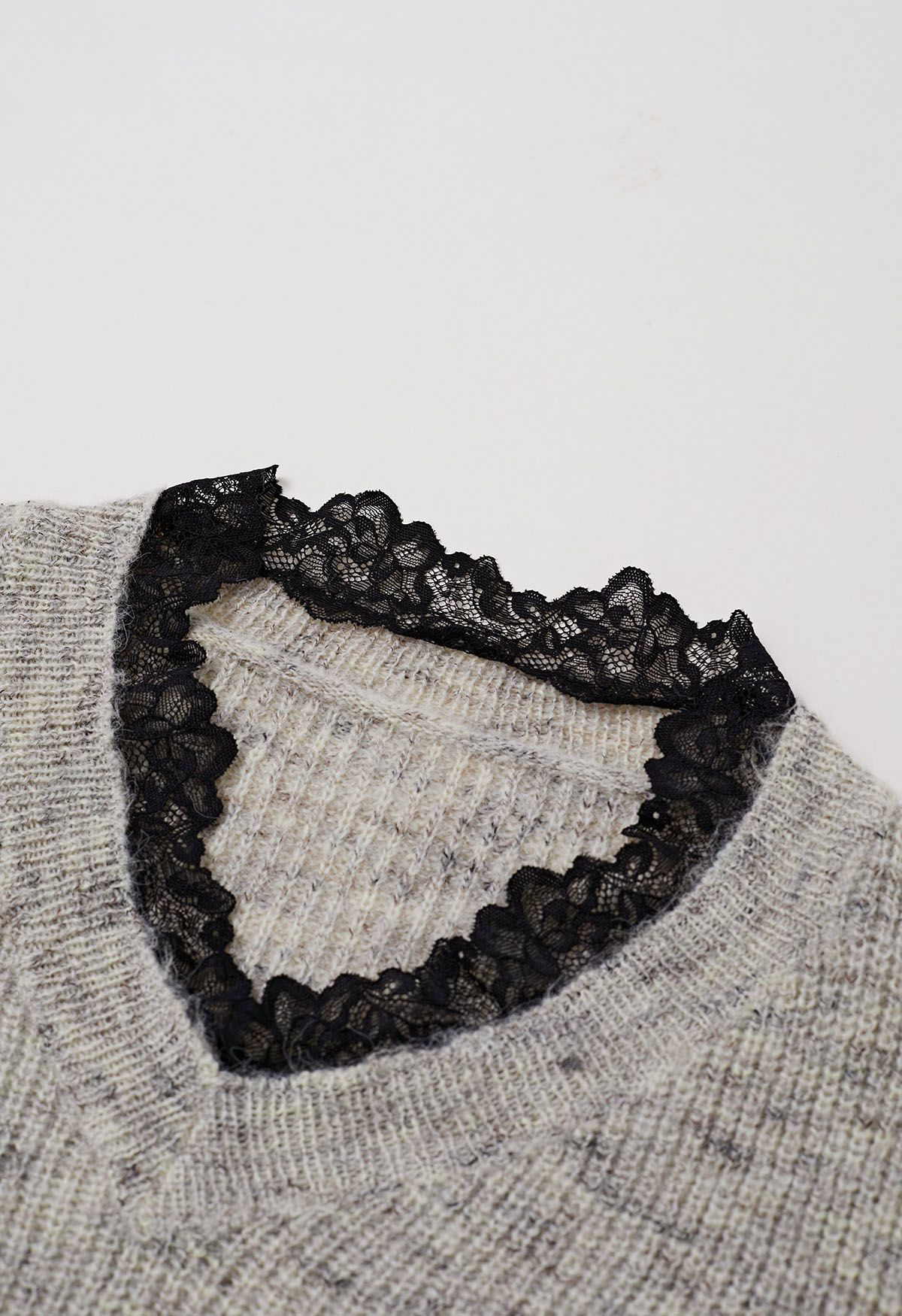 Soft Contrast Lace Neckline Ripped Knit Top in Grey