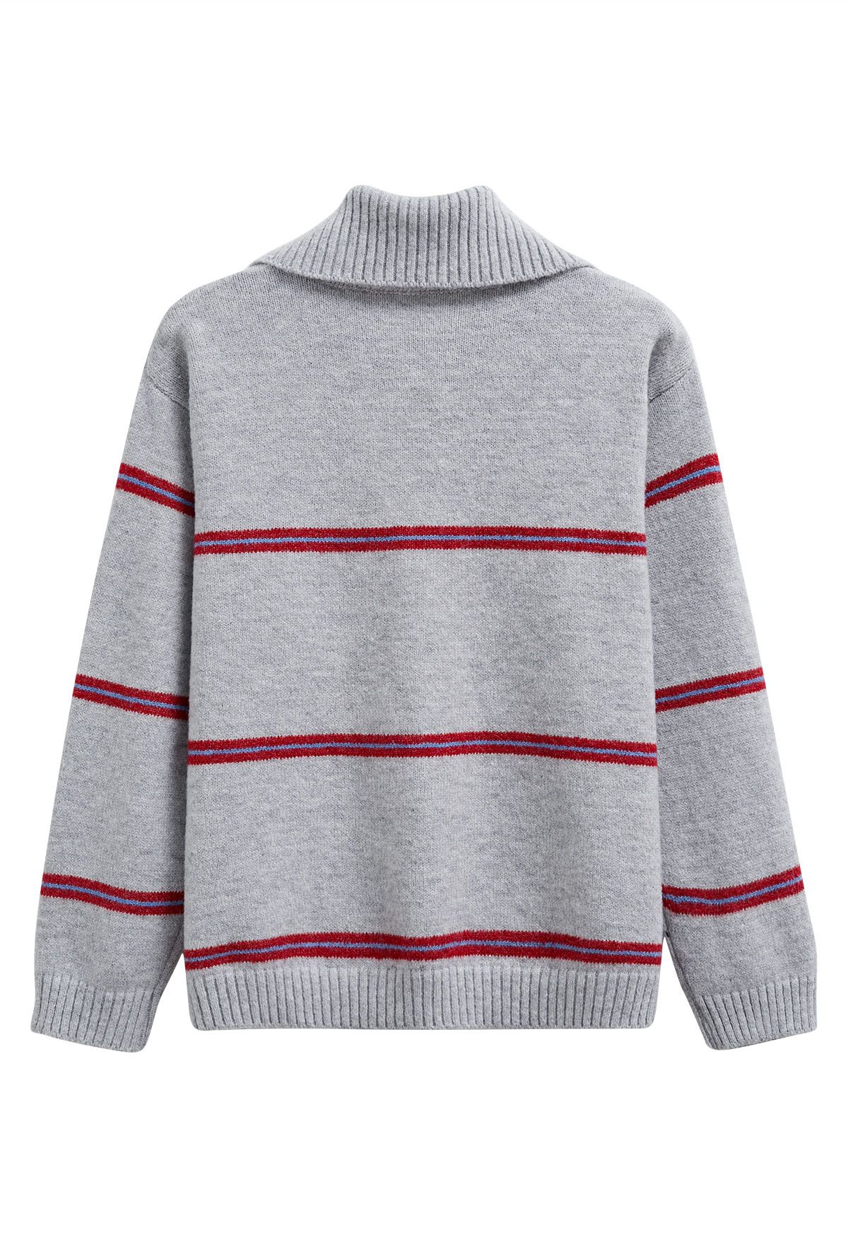 Sporty Stripes Half-Zip Collar Knit Sweater in Grey