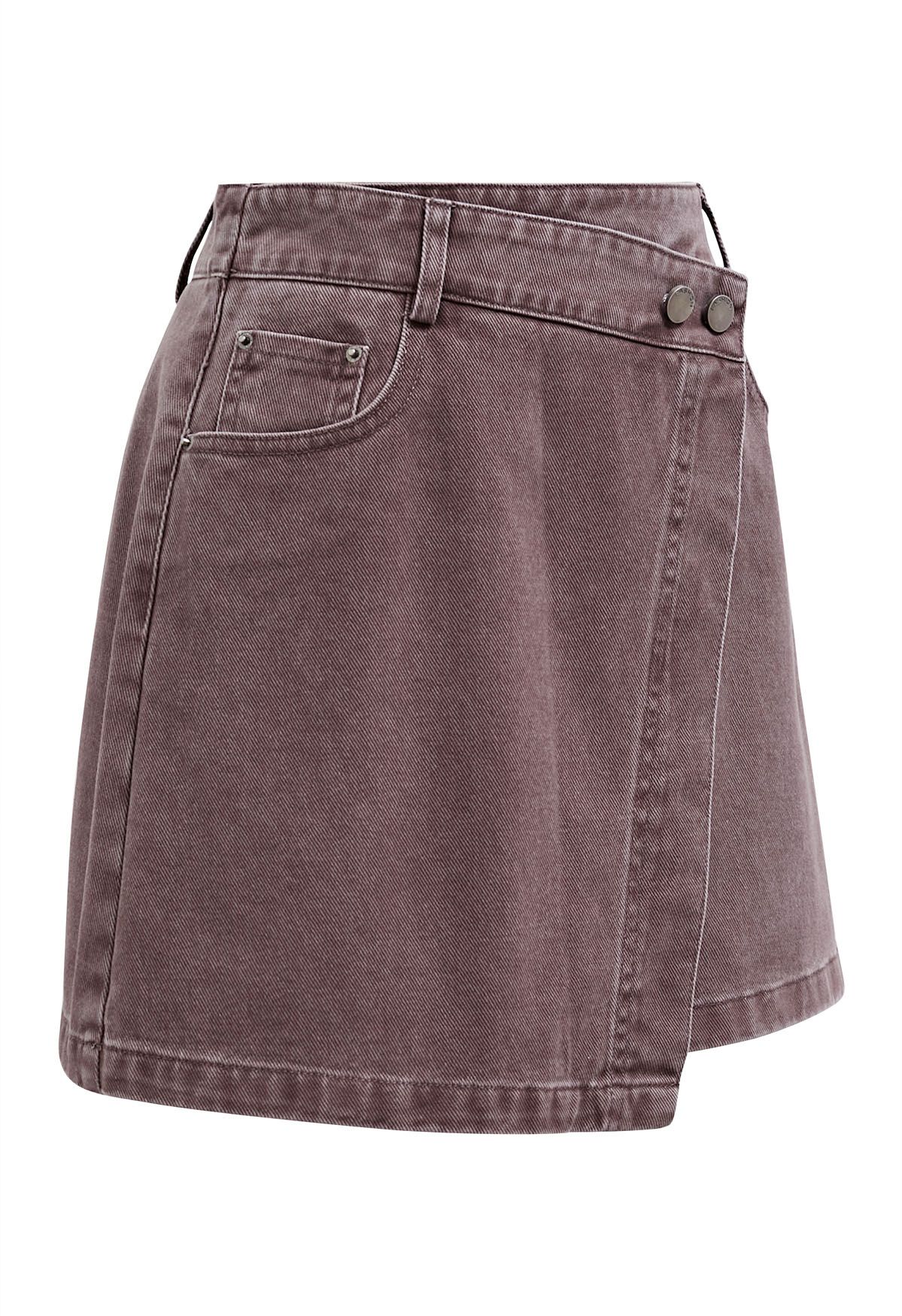 Double-Buttoned Flap Denim Mini Skirt in Plum