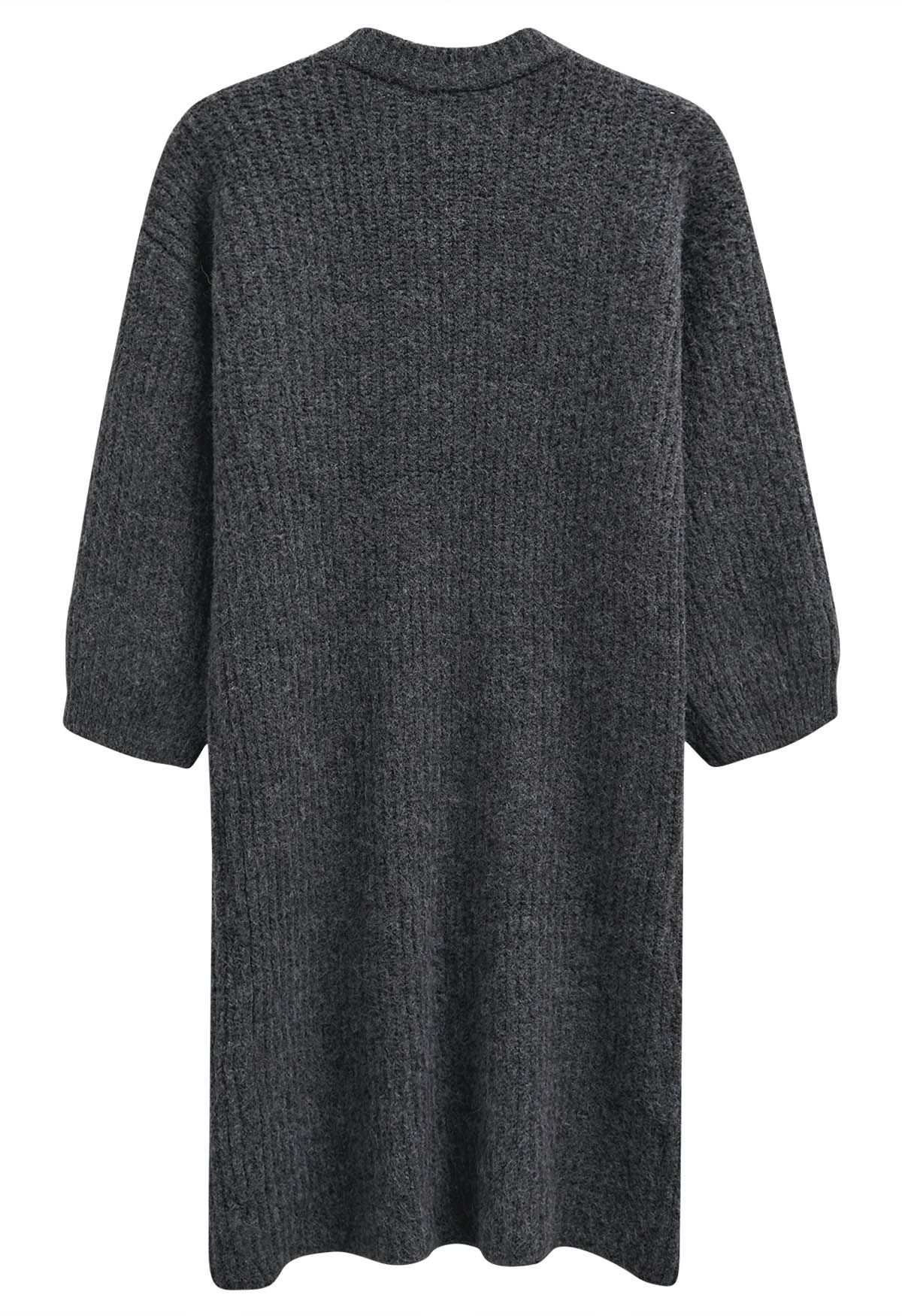 Warmth Wrapped Asymmetric Buttoned Knit Longline Cardigan in Smoke