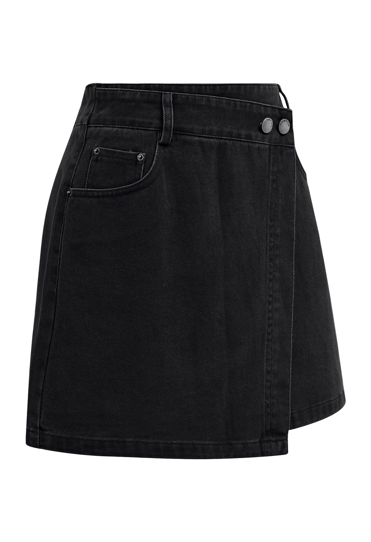 Double-Buttoned Flap Denim Mini Skirt in Black