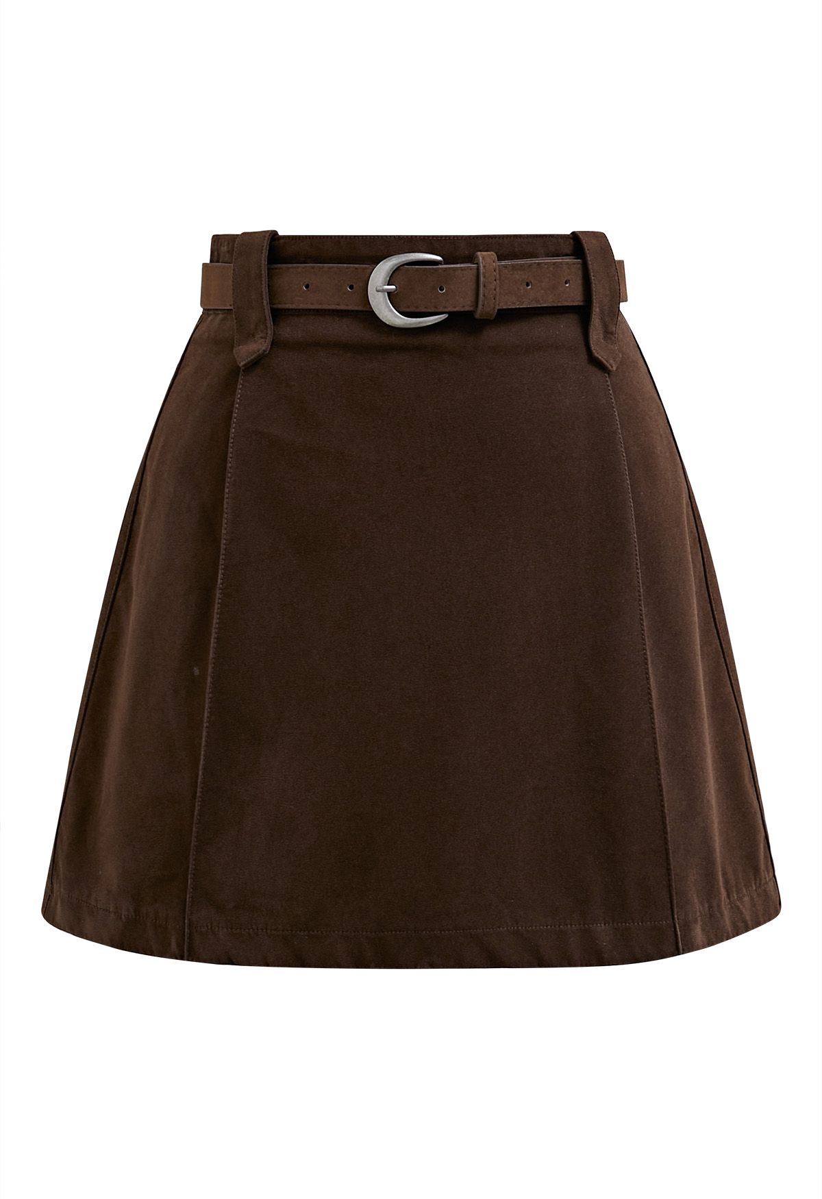 Time-Traveled Faux Suede Belted Mini Skirt in Brown