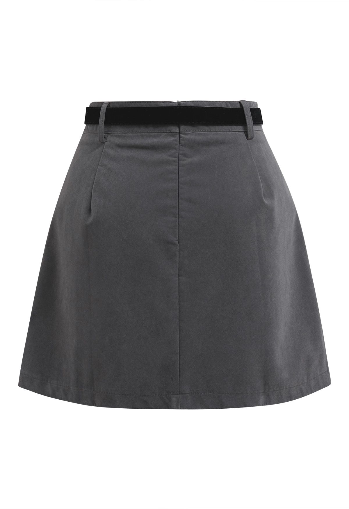 Time-Traveled Faux Suede Belted Mini Skirt in Smoke