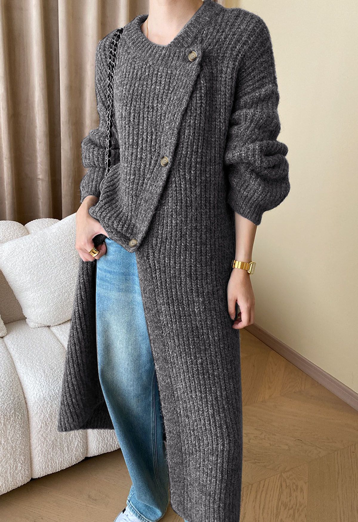 Warmth Wrapped Asymmetric Buttoned Knit Longline Cardigan in Smoke