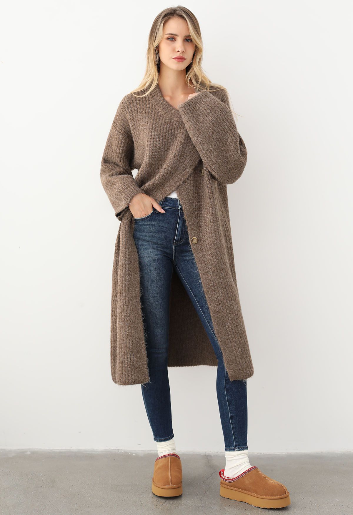 Warmth Wrapped Asymmetric Buttoned Knit Longline Cardigan in Brown