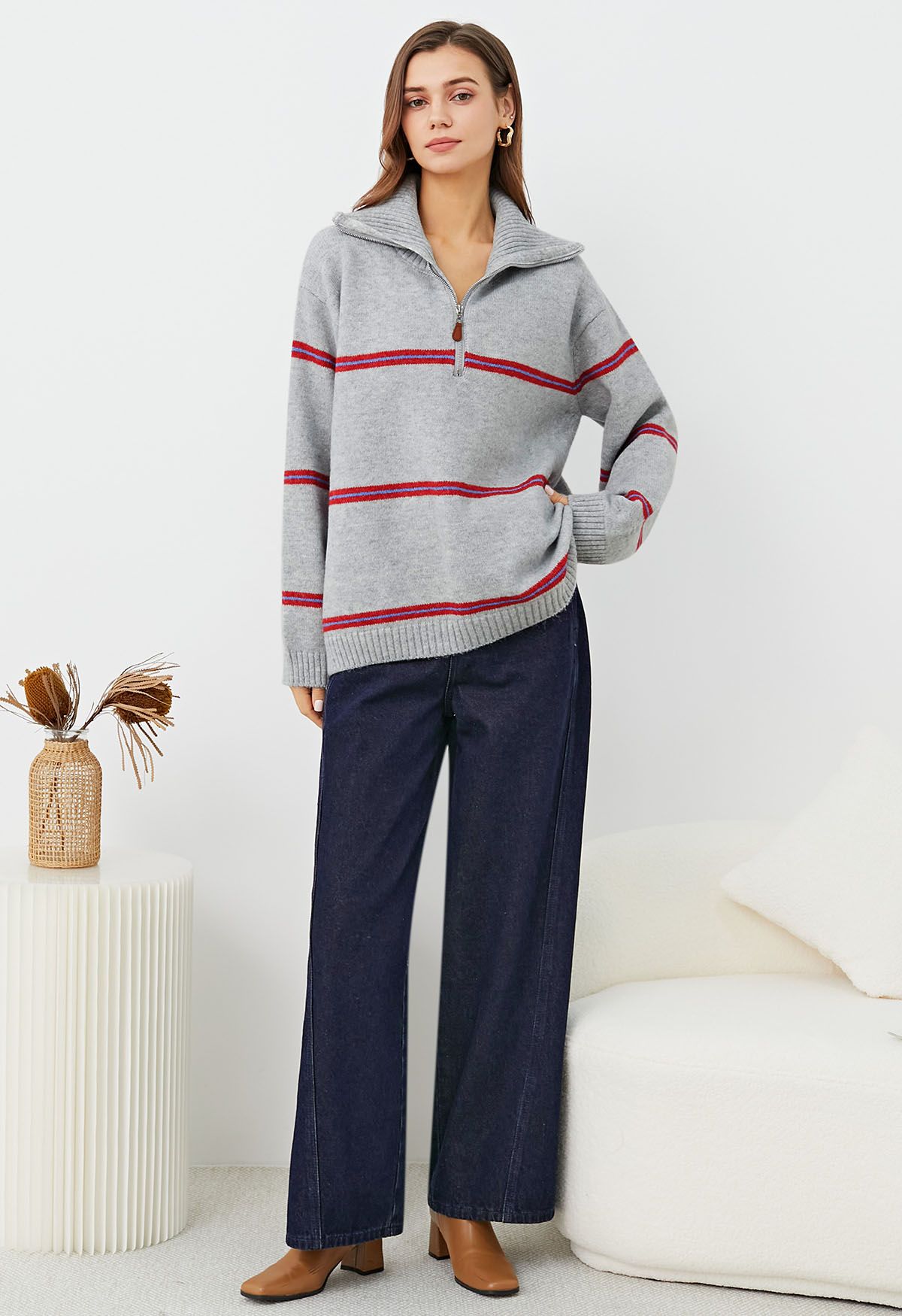 Sporty Stripes Half-Zip Collar Knit Sweater in Grey