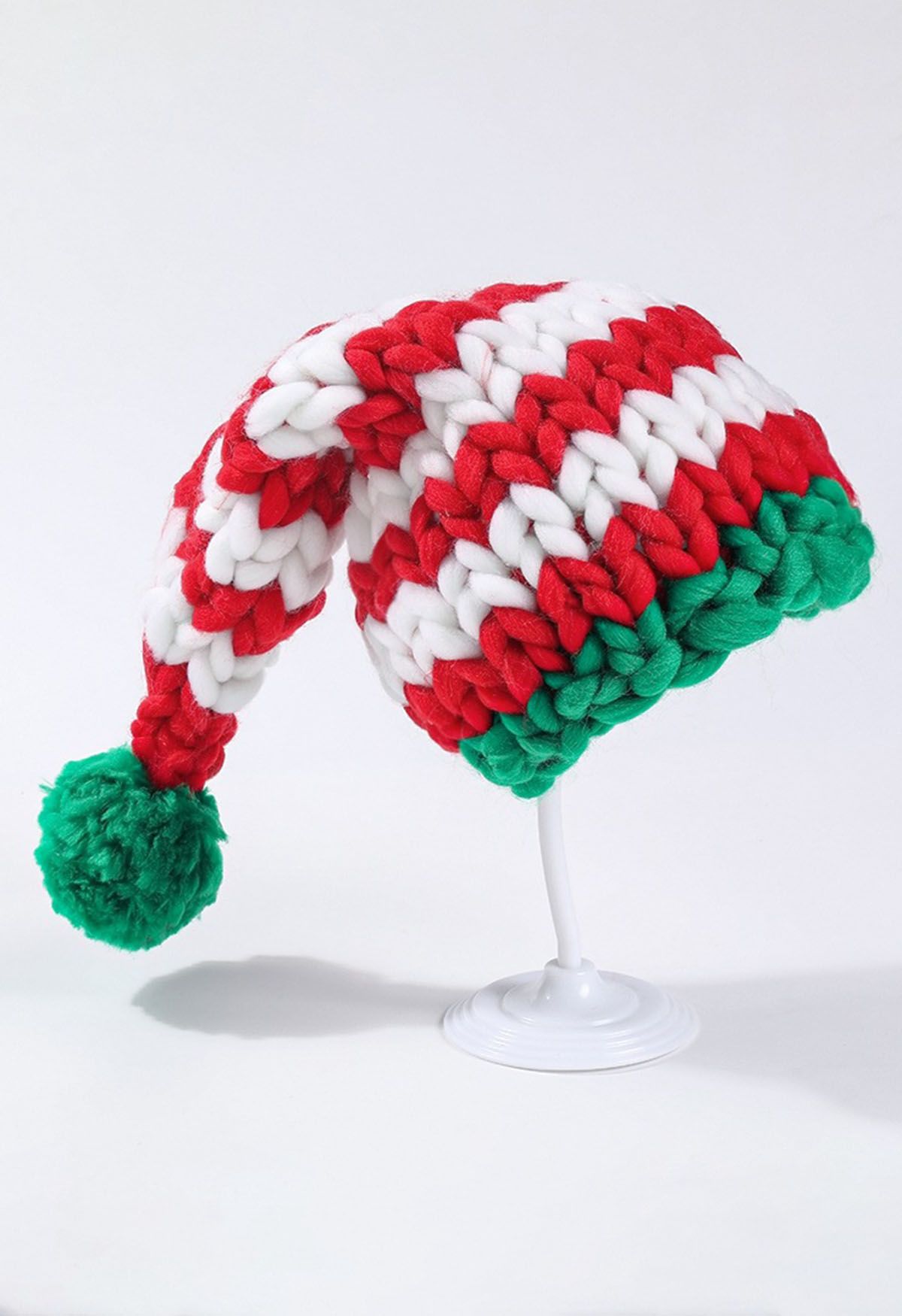 Braided Hand-Knit Pom-Pom Christmas Hat in Stripe