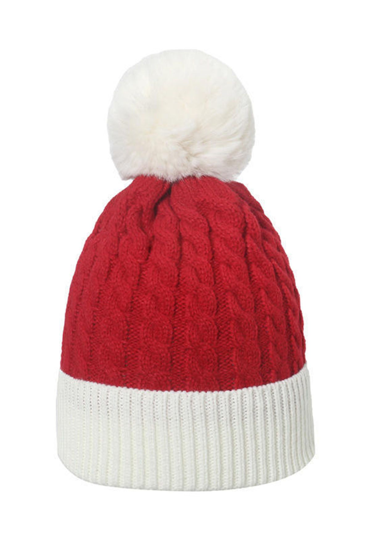 Fuzzy Pom-Pom Braid Knit Beanie Hat in Red