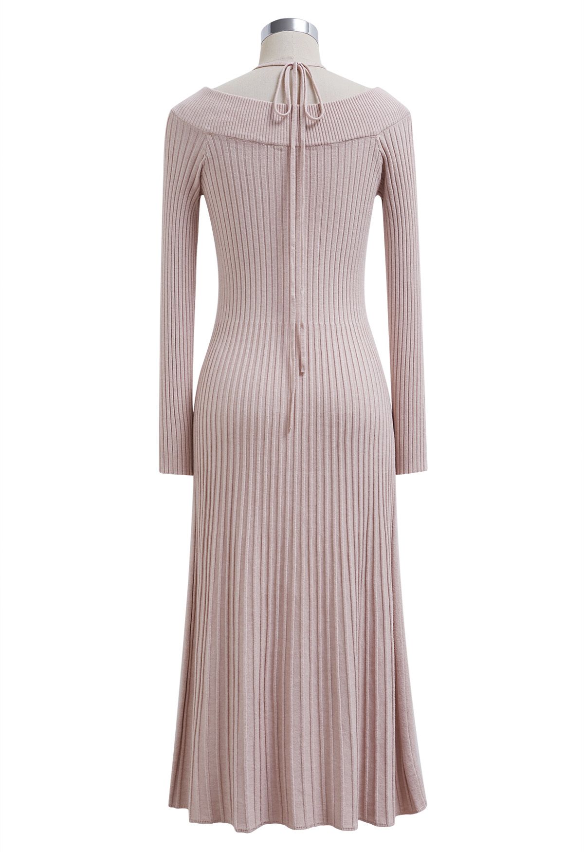 Self-Tie Halter Off-Shoulder Ribbed Knit Midi Dress in Pink