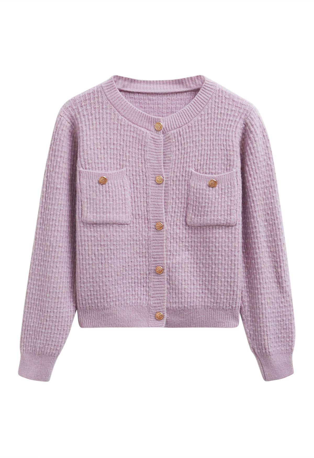 Embossed Dots Patch Pocket Buttoned Knit Cardigan in Lilac