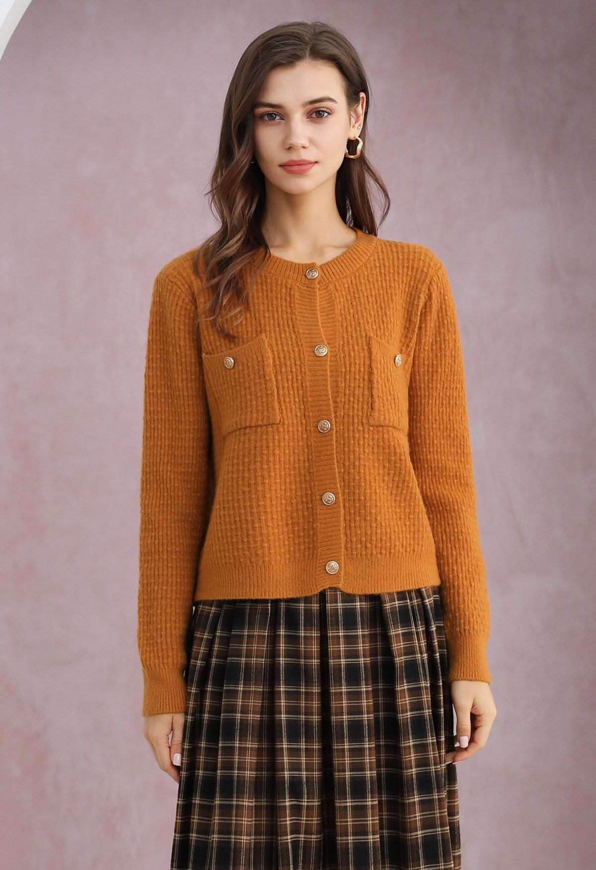 Embossed Dots Patch Pocket Buttoned Knit Cardigan in Orange