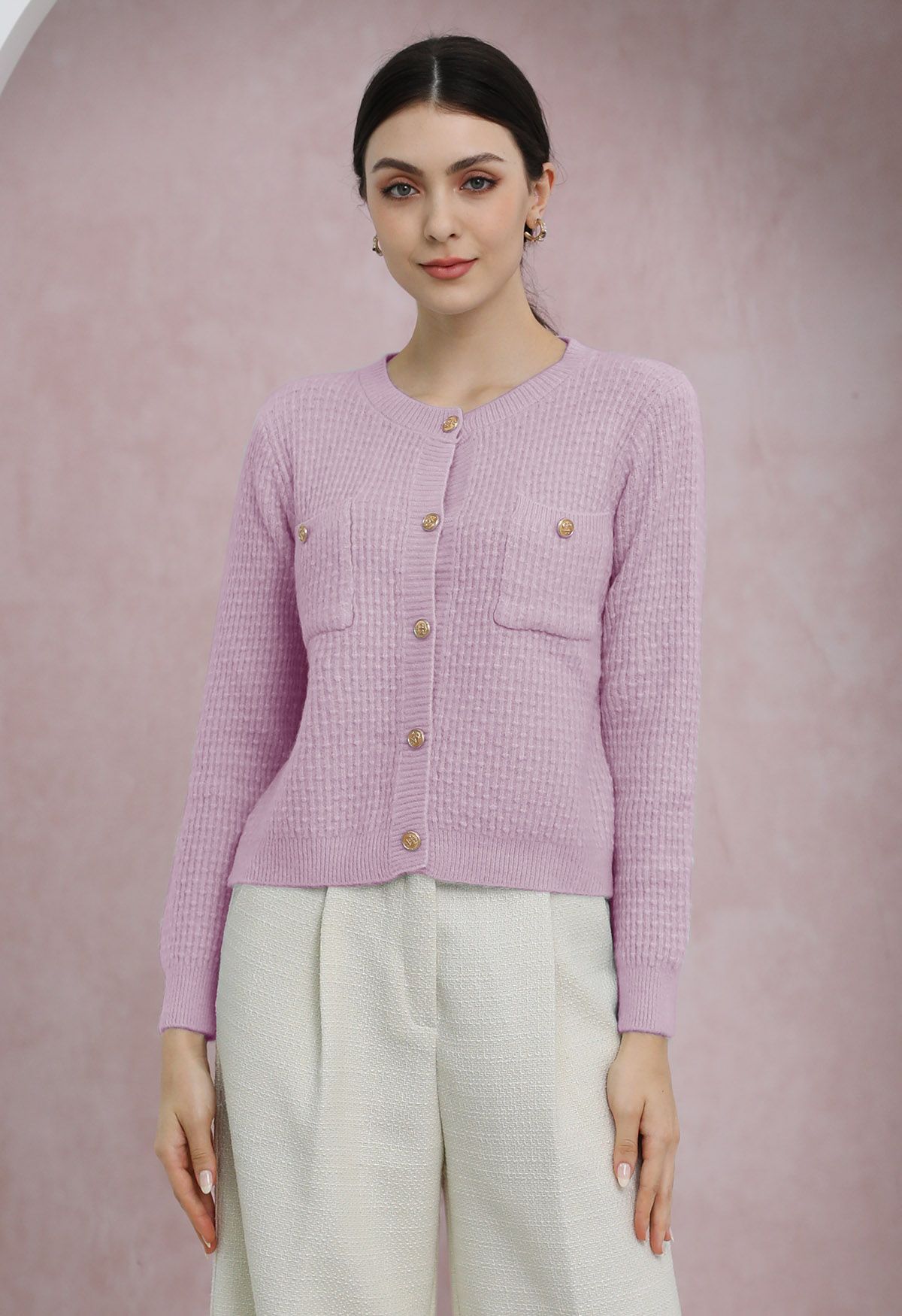 Embossed Dots Patch Pocket Buttoned Knit Cardigan in Lilac