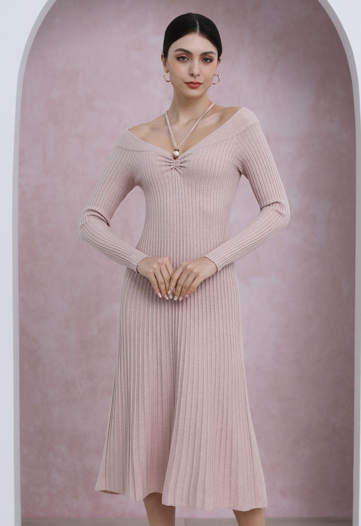 Self-Tie Halter Off-Shoulder Ribbed Knit Midi Dress in Pink