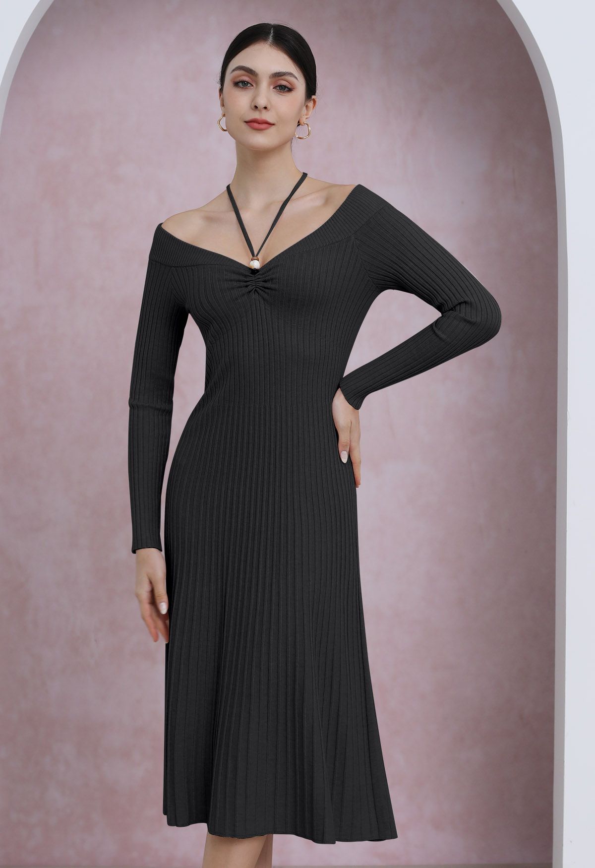 Self-Tie Halter Off-Shoulder Ribbed Knit Midi Dress in Black