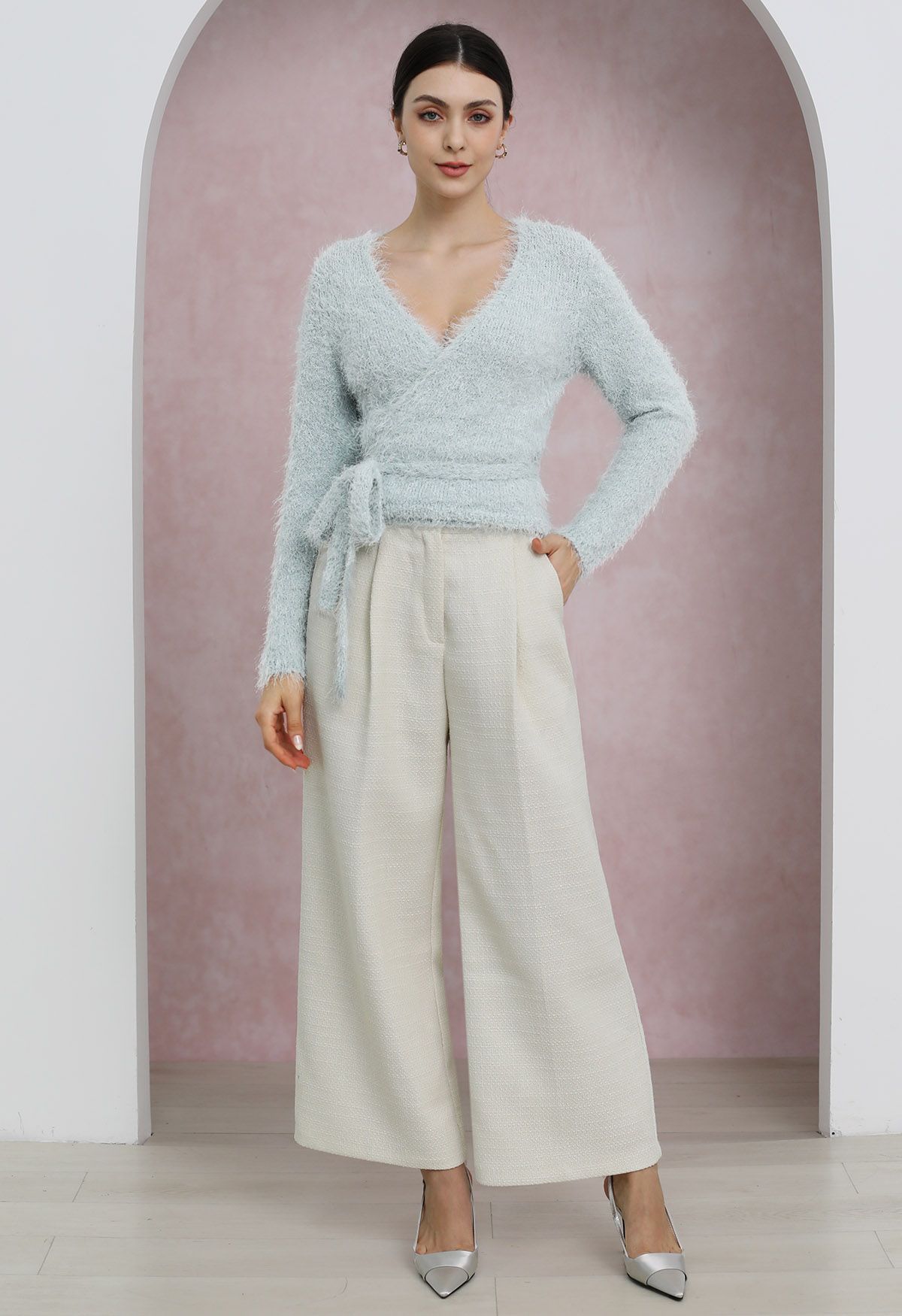 Stylish Tweed Pleats Palazzo Pants in Ivory