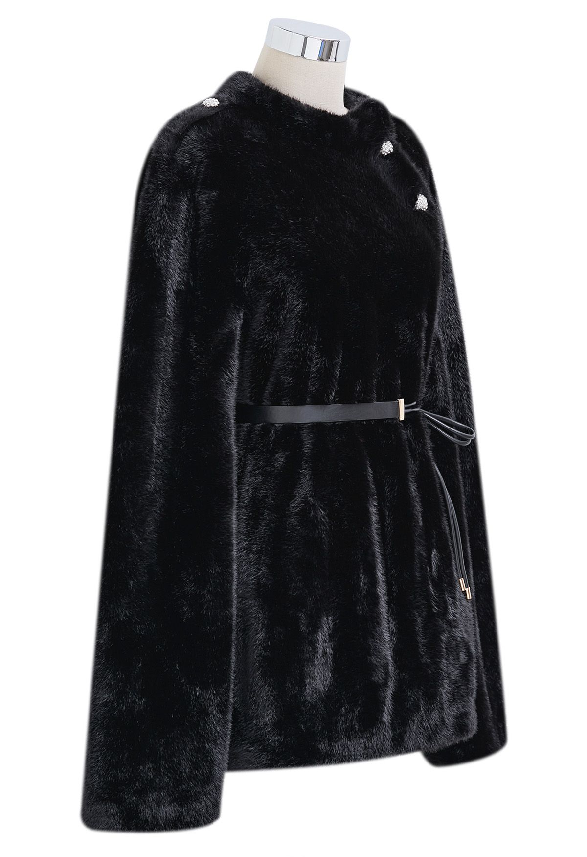 Rhinestone Button Wrap Faux Fur Cape Coat in Black