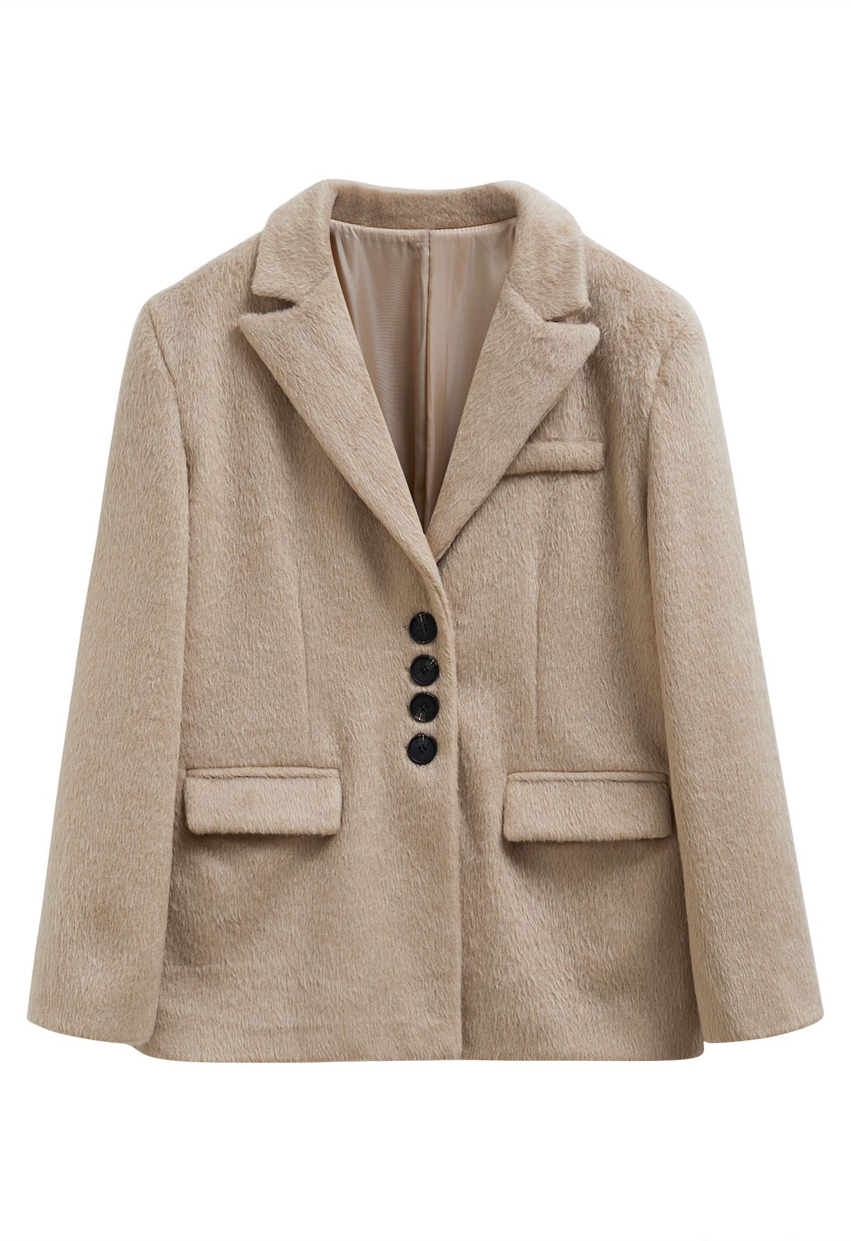 Peak Lapel Buttoned Faux Fur Blazer Coat in Light Tan