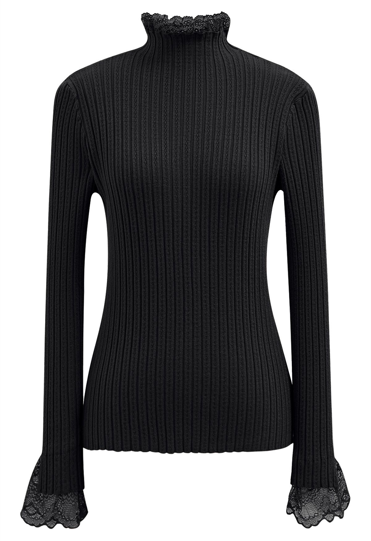 Lace Trim Mock Neck Ribbed Knit Top in Black